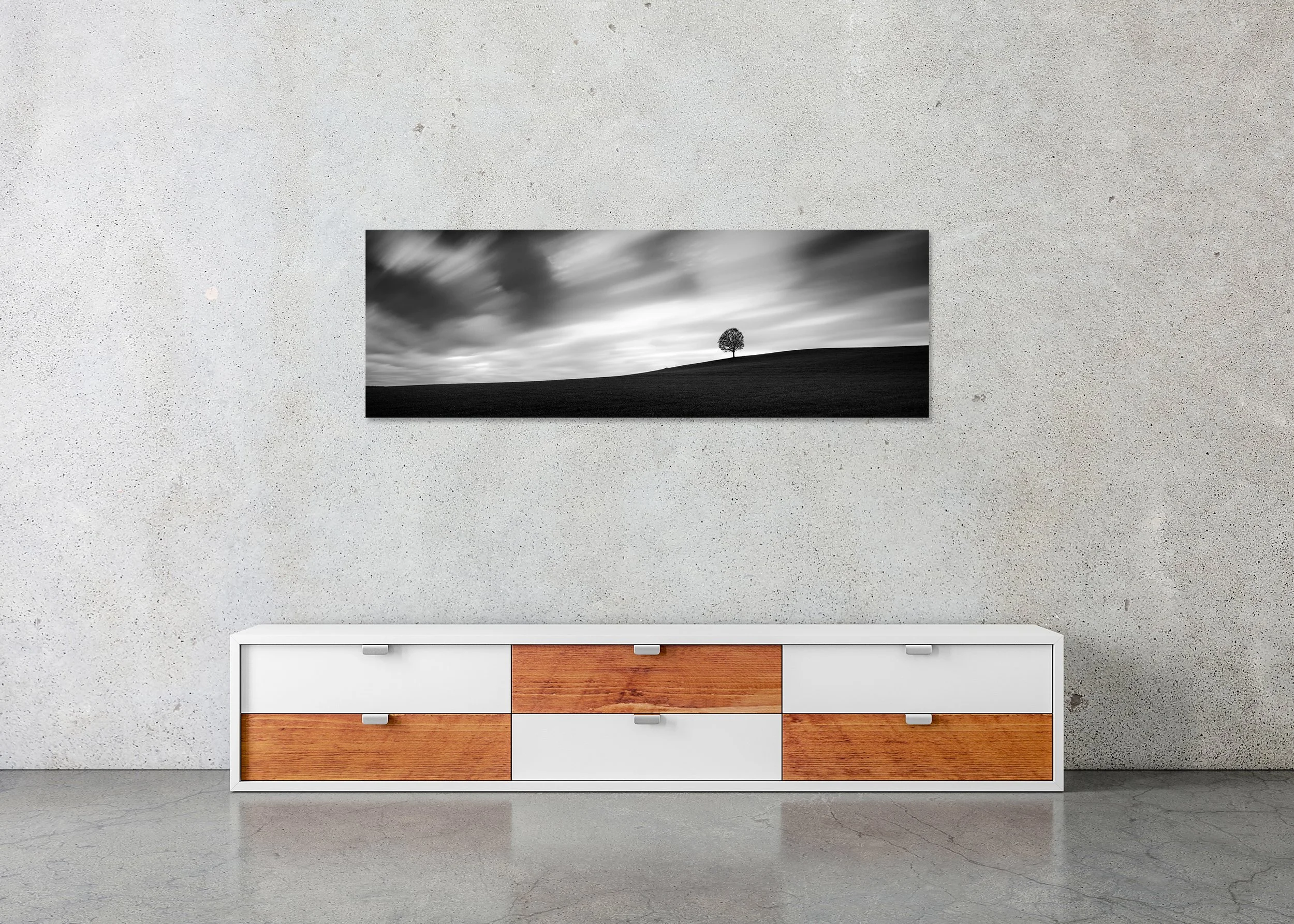 Turbulent Times Panorama Study 1 displayed in a modern interior as a frameless black-and-white artwork mounted on aluminium Dibond by Gerald Berghammer.