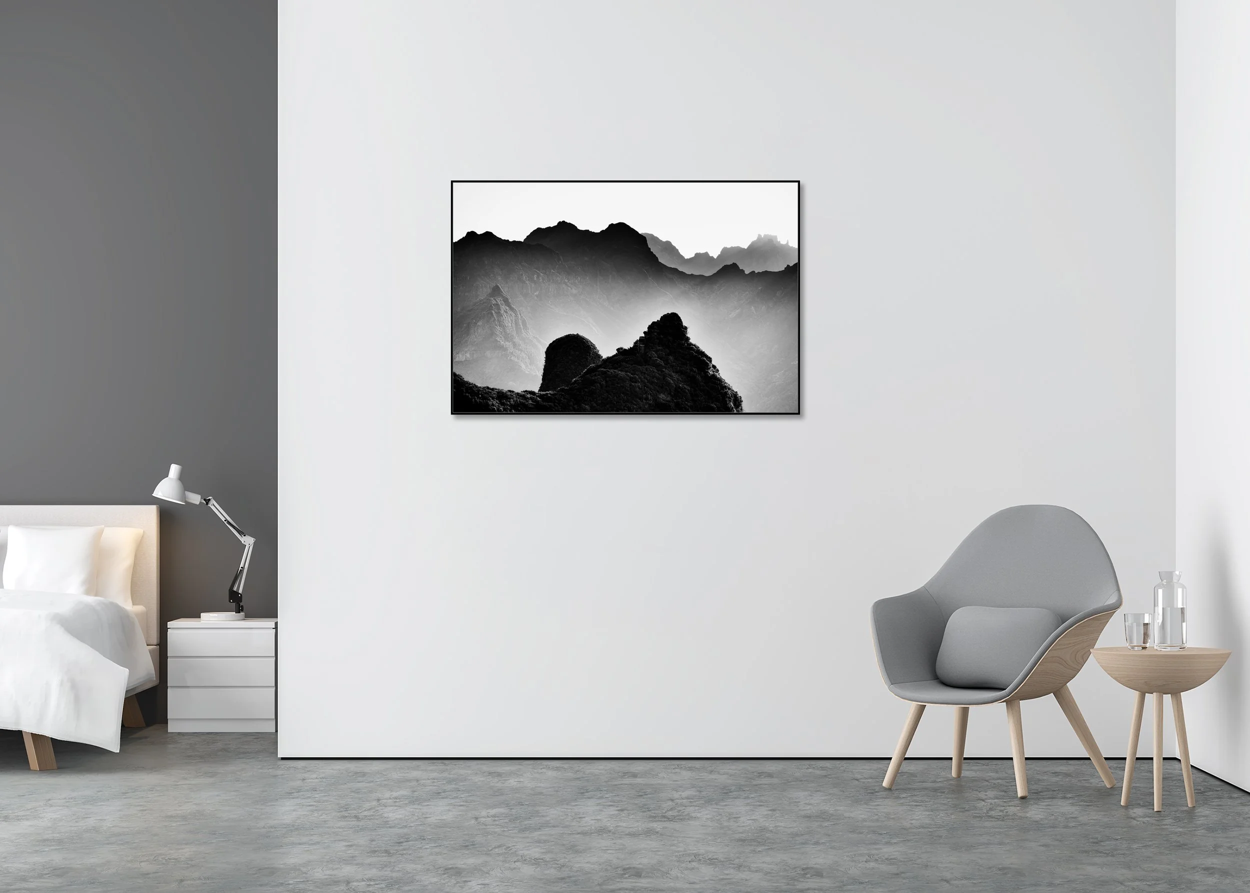 Black and white mountain photograph with steep peaks and textured hills fading into mist, mounted on Dibond in an aluminium ArtBox
