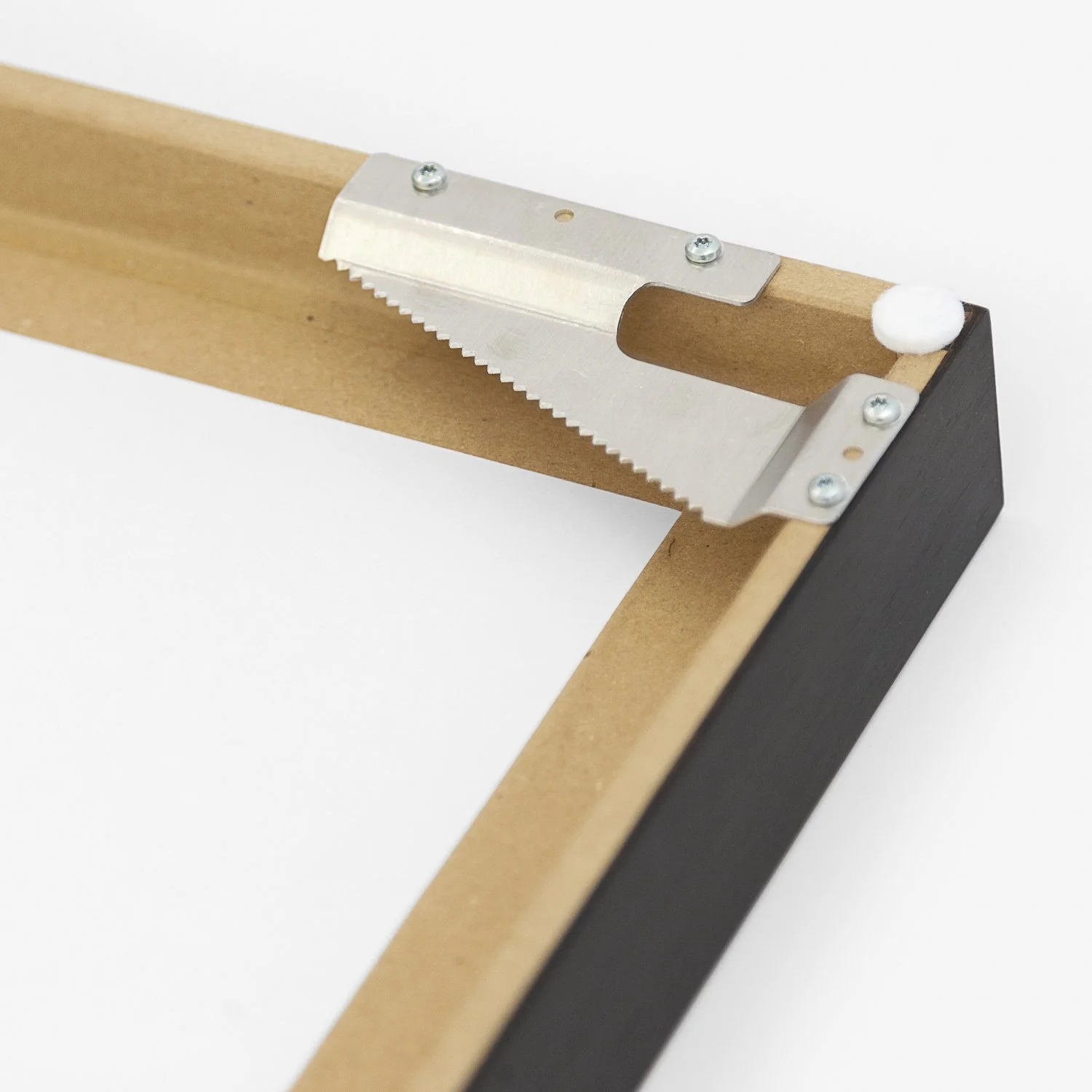 Detail of the metal hanging bracket and wooden frame construction on the reverse of VW Bus T2 by Gerald Berghammer.