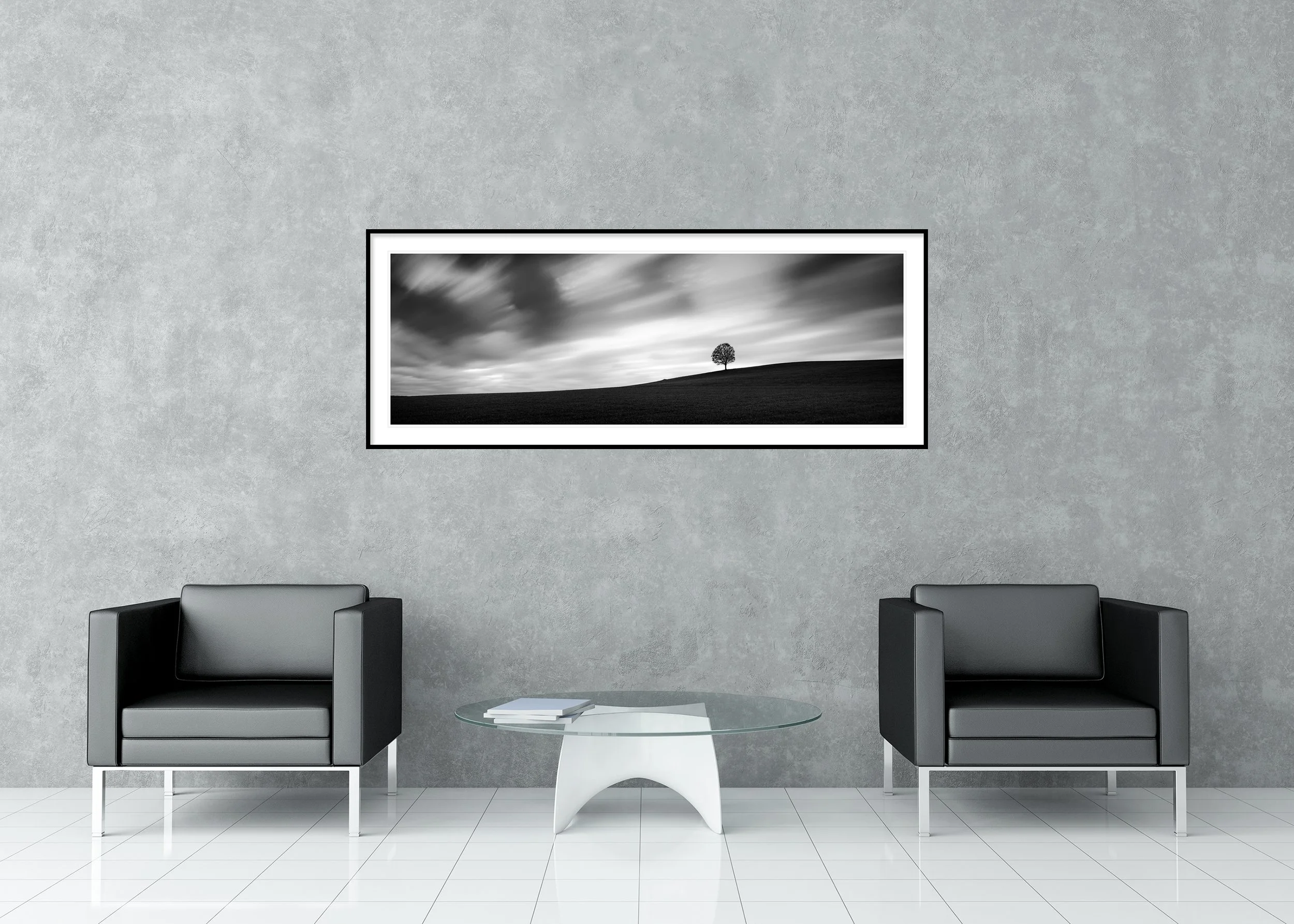 Turbulent Times Panorama Study 1 displayed in a modern interior as an archival pigment print in a black aluminium frame with white mount by Gerald Berghammer.
