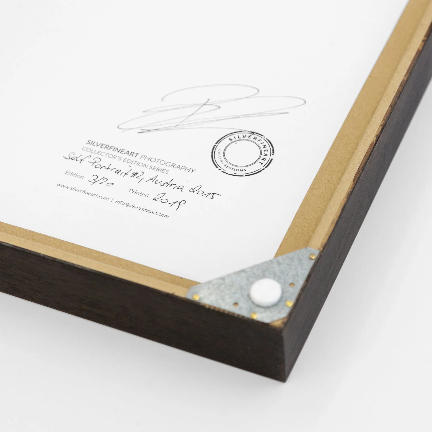 Artist's signature, edition number and SILVERFINEART stamp on the reverse of Self Portrait Study 2 by Gerald Berghammer