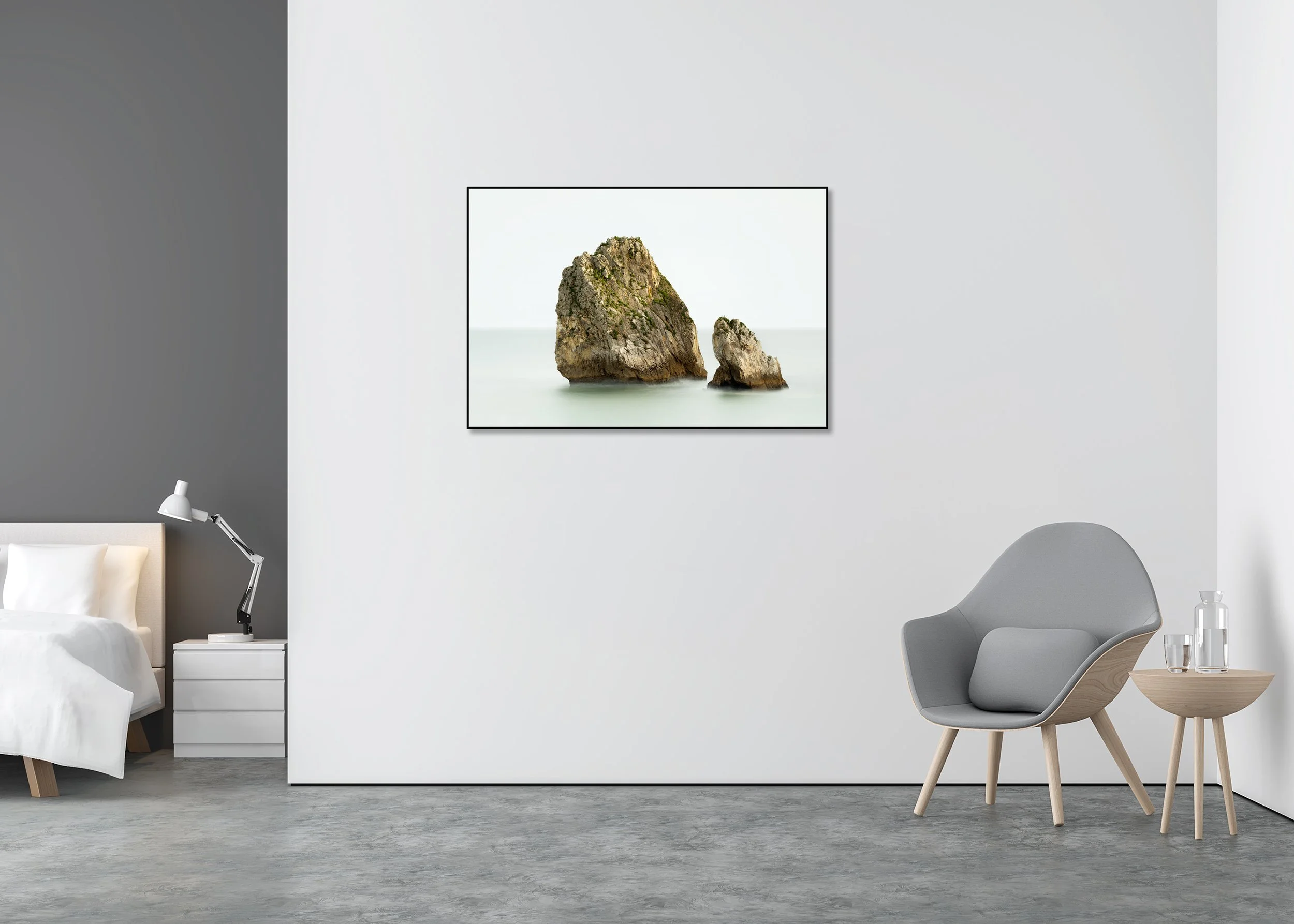 Two Rocks in the Sea Study 1 displayed in a modern interior as a colour Dibond print in a black aluminium ArtBox frame by Gerald Berghammer.