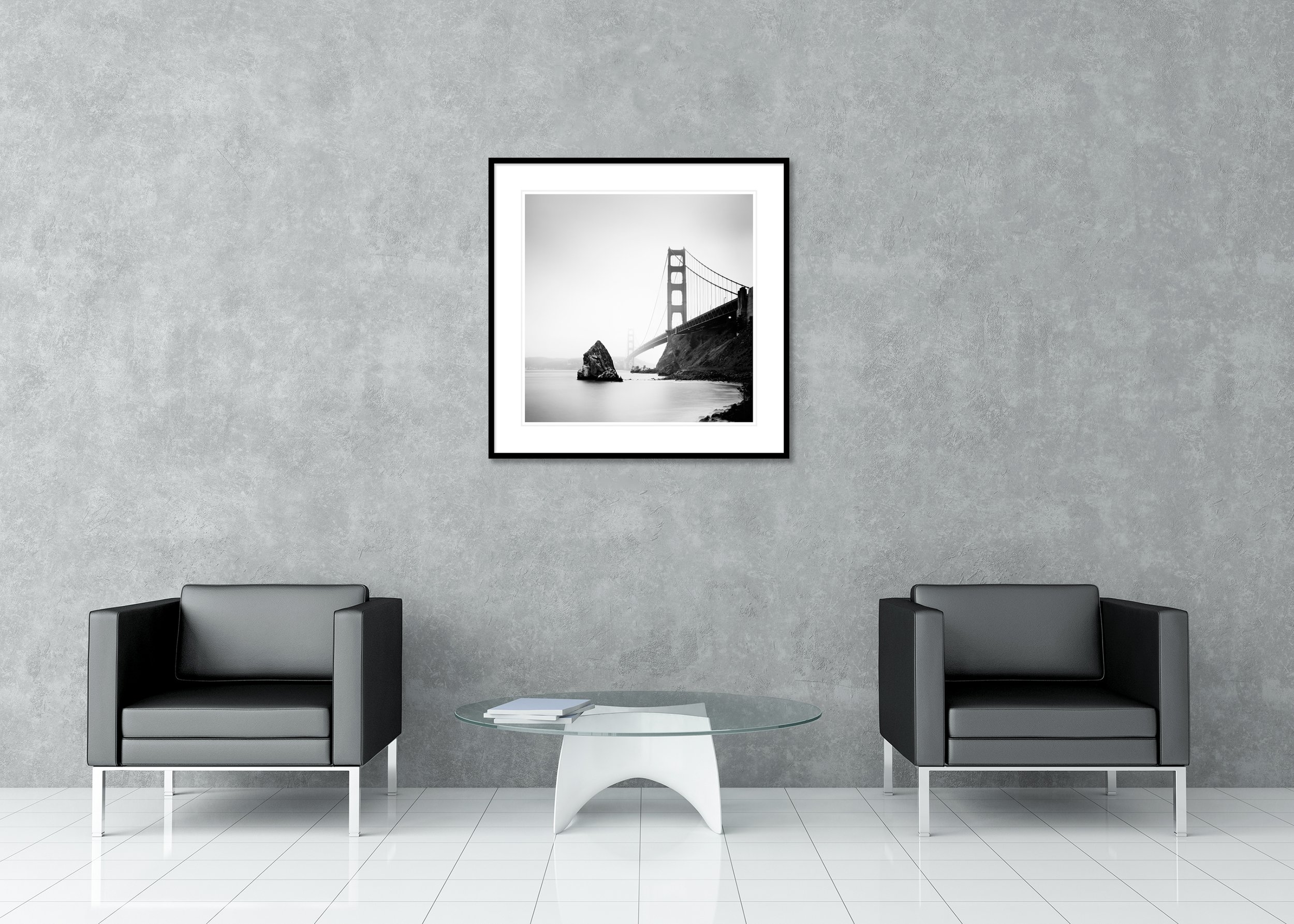 Golden Gate Bridge, Study 14 – San Francisco, black-and-white archival pigment print in a black aluminium frame with a white mount displayed in a modern lounge.