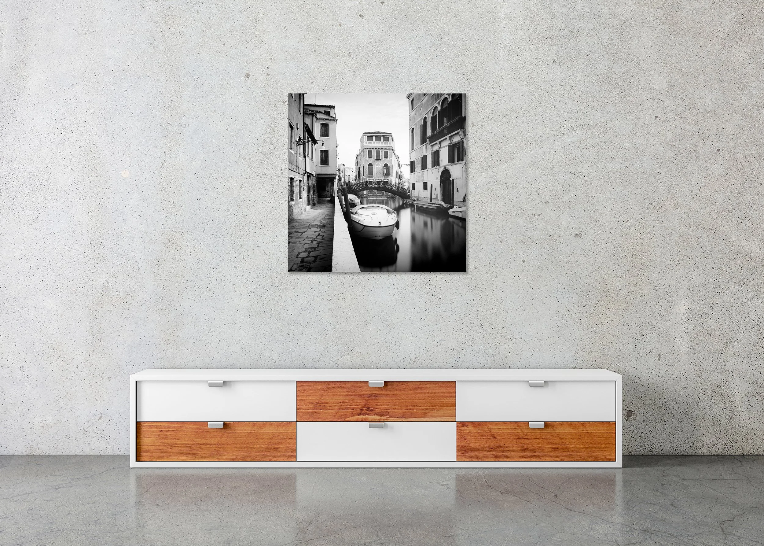 Old Wrought-Iron Bridge, Venice, black-and-white photo print mounted to Dibond, frameless