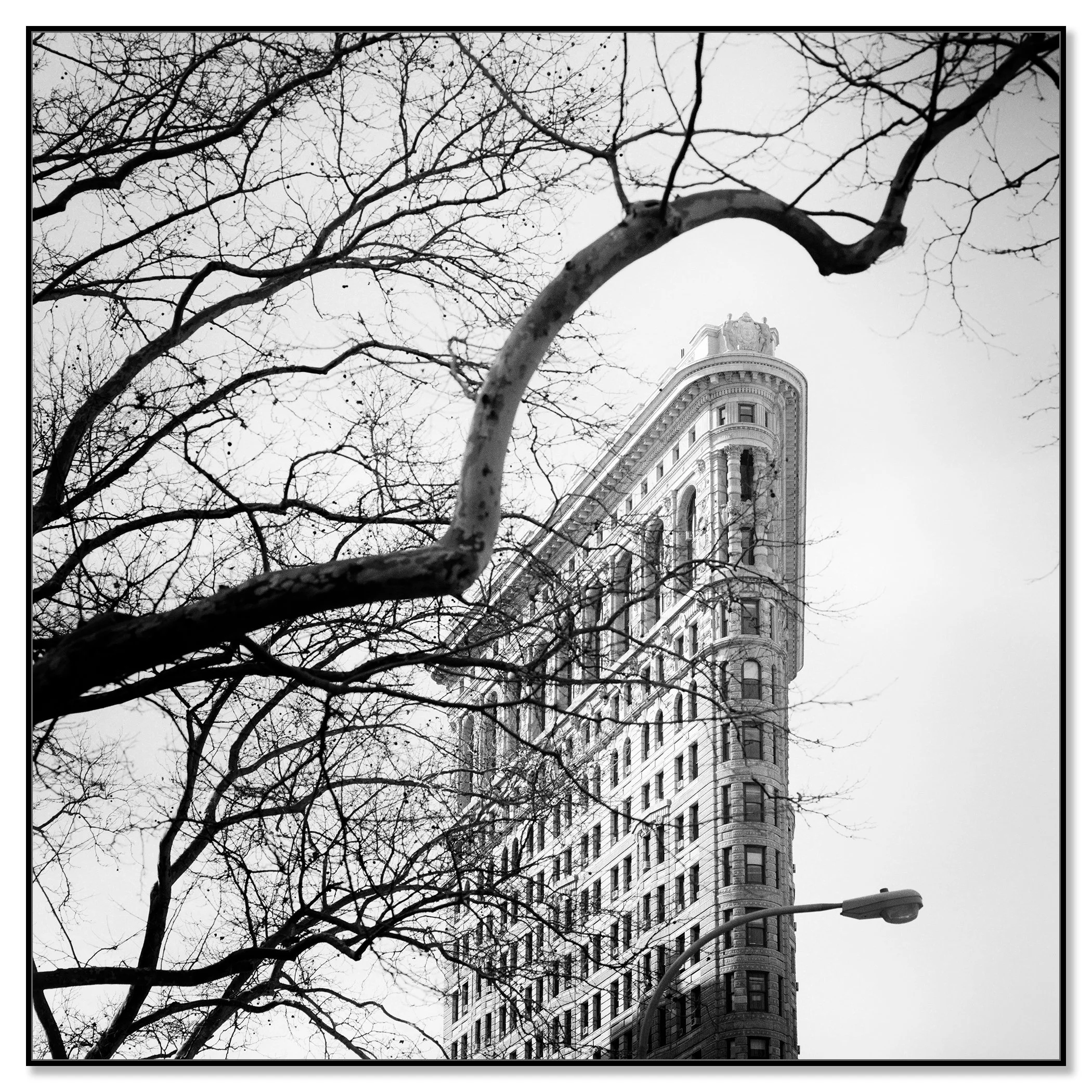 Flatiron Building Study 1 by Gerald Berghammer shown as a black-and-white Dibond print in a black aluminium ArtBox frame.