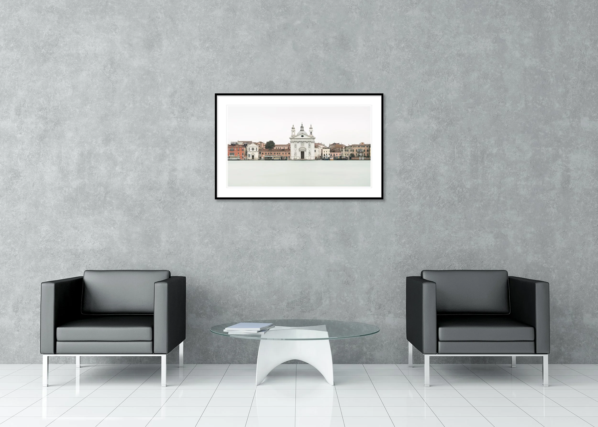 View of Venice Panorama Study 1 displayed in a modern interior, mounted on aluminium Dibond in a black ArtBox frame by Gerald Berghammer.