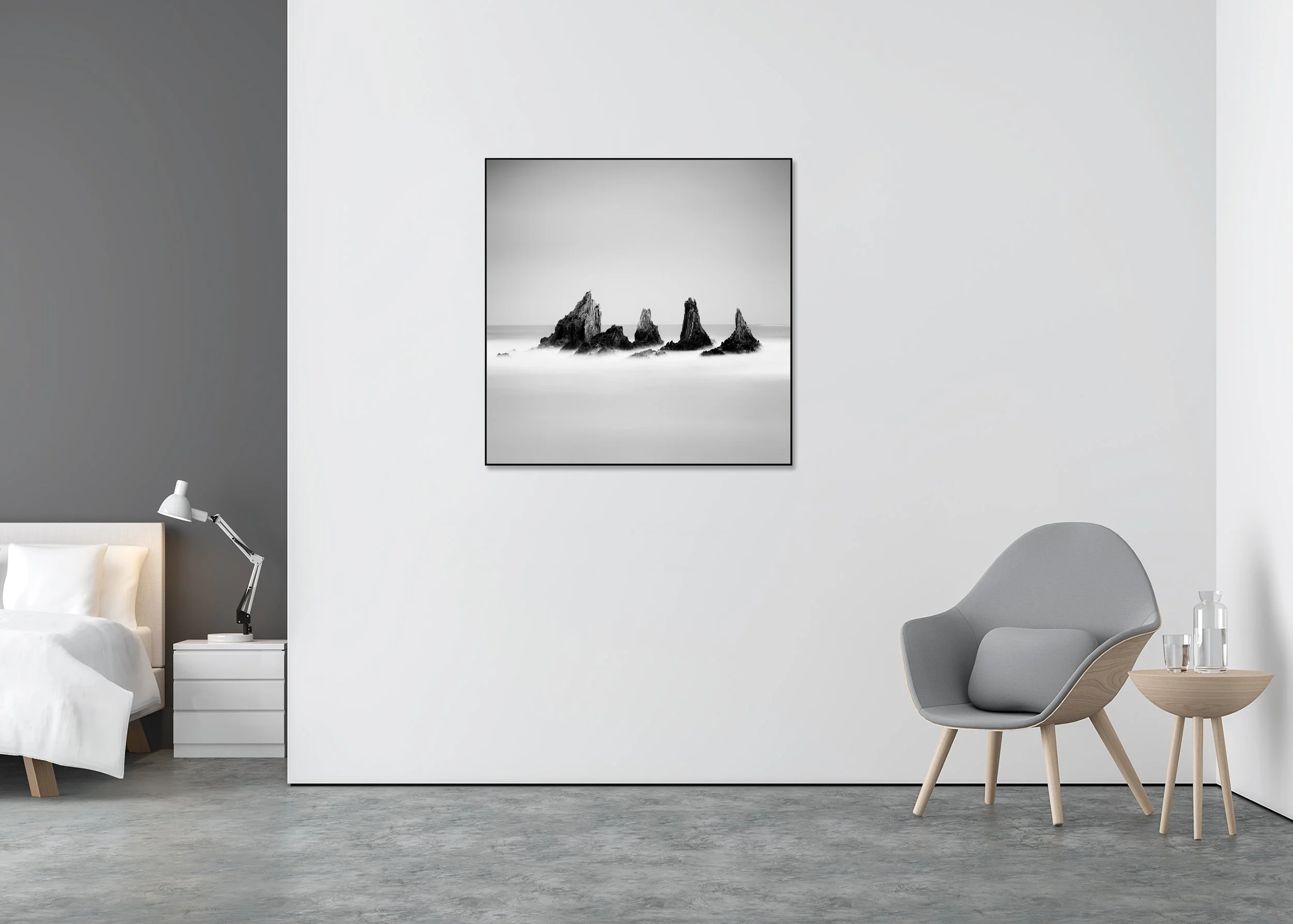 Black and white Atlantic seascape with five sea stacks, calm water and clear sky, photo print mounted on Dibond in an aluminium ArtBox.