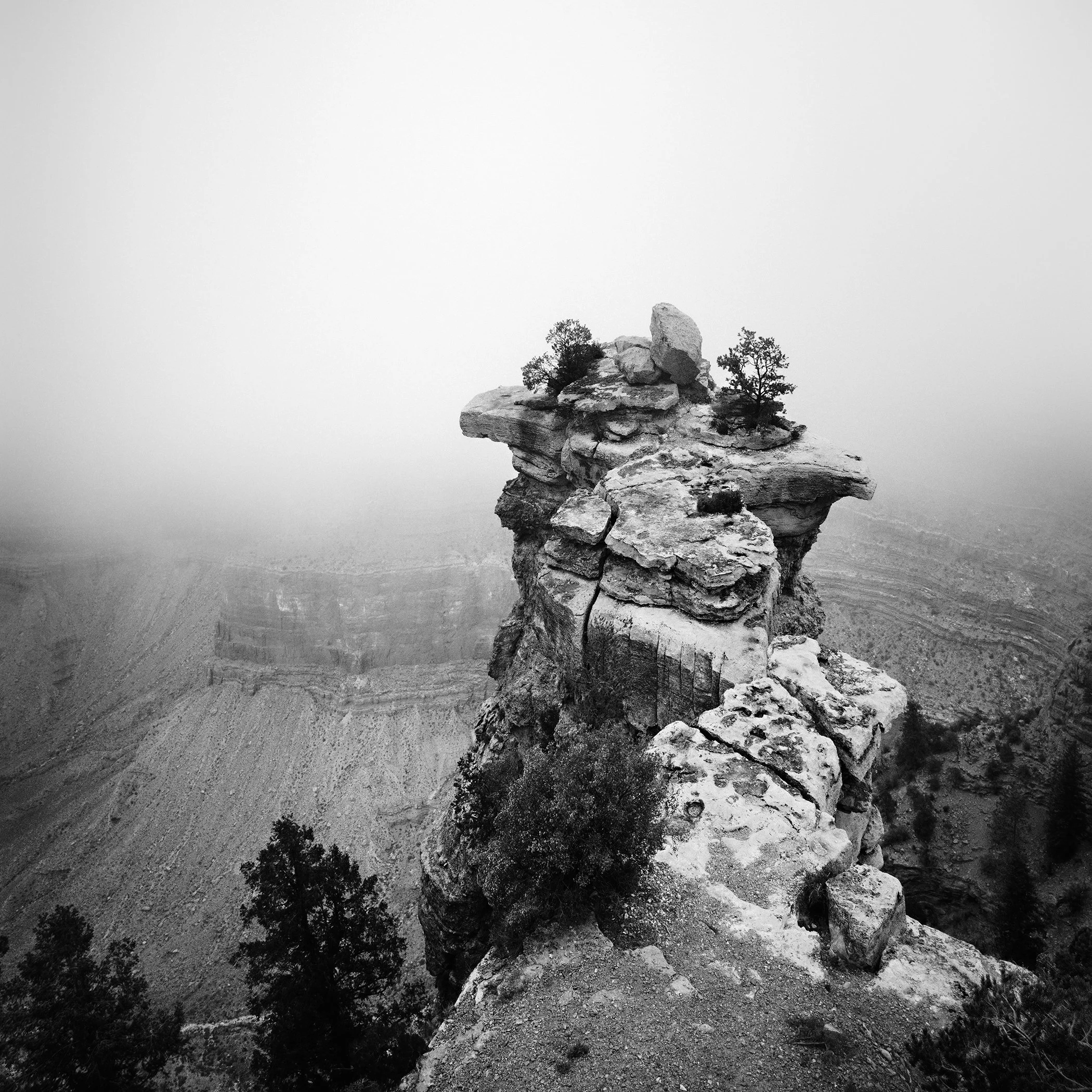 Gerald Berghammer - Black and white landscape photography. Large rock formation with sparse trees on top, overlooking a canyon with steep cliffs underneath.