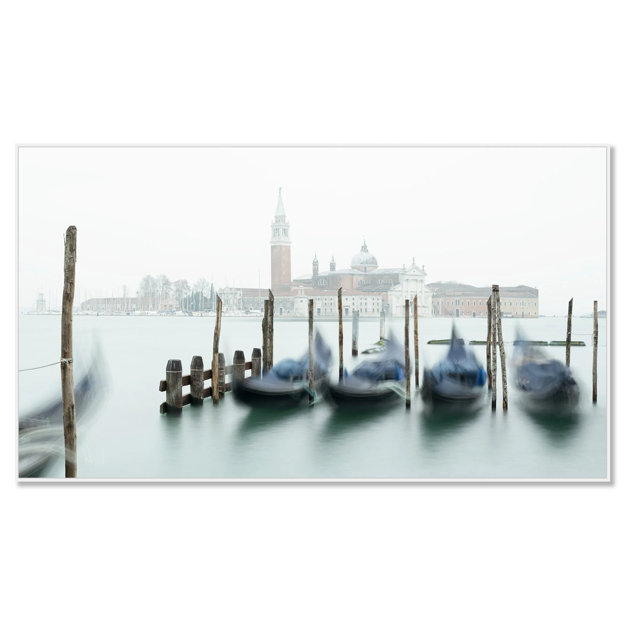 Gondolas and the Church of San Giorgio Maggiore – Venice, colour fine art print in an white aluminium frame with a white mount.