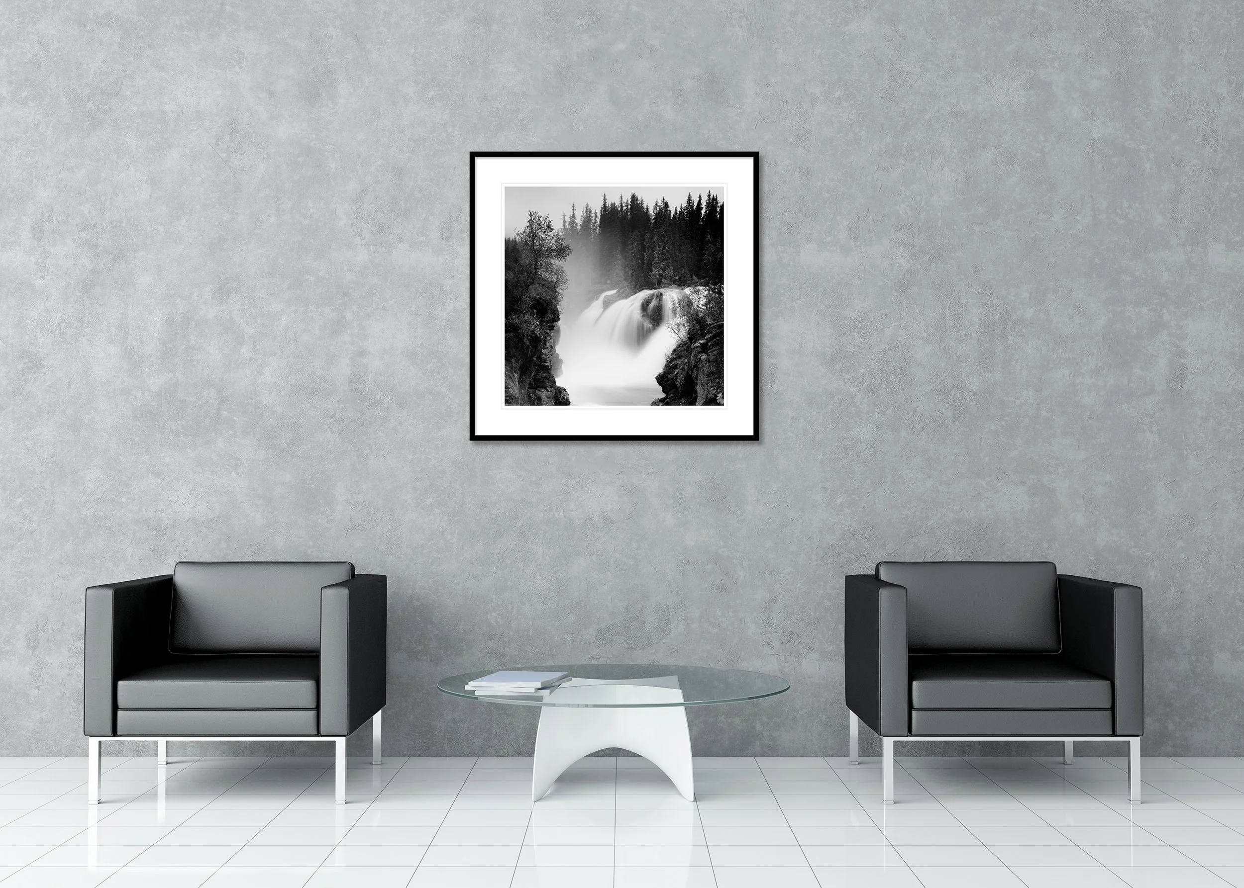 Large cascading waterfall in a forest landscape with mist and rocky walls, archival pigment print in a classic frame with a mount