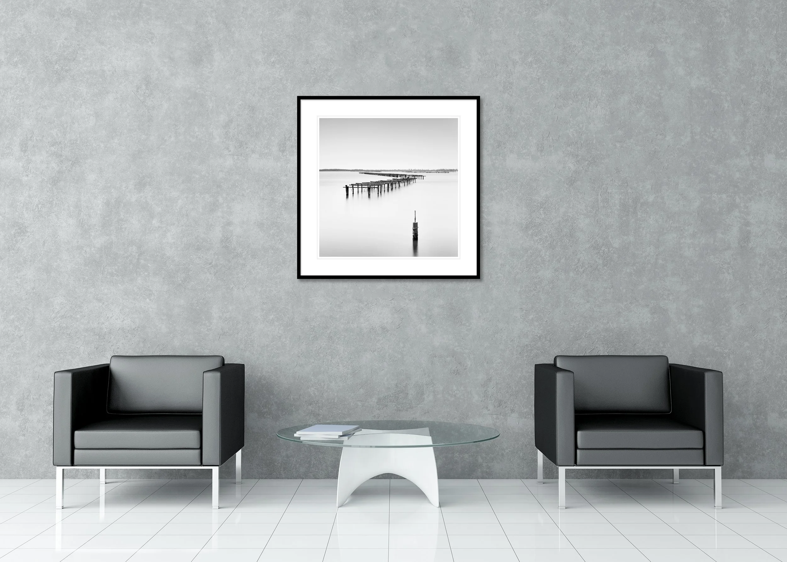 Aquaculture Structures Study 4 displayed in a modern lounge as an archival pigment print in a black aluminium frame with a white mount by Gerald Berghammer.