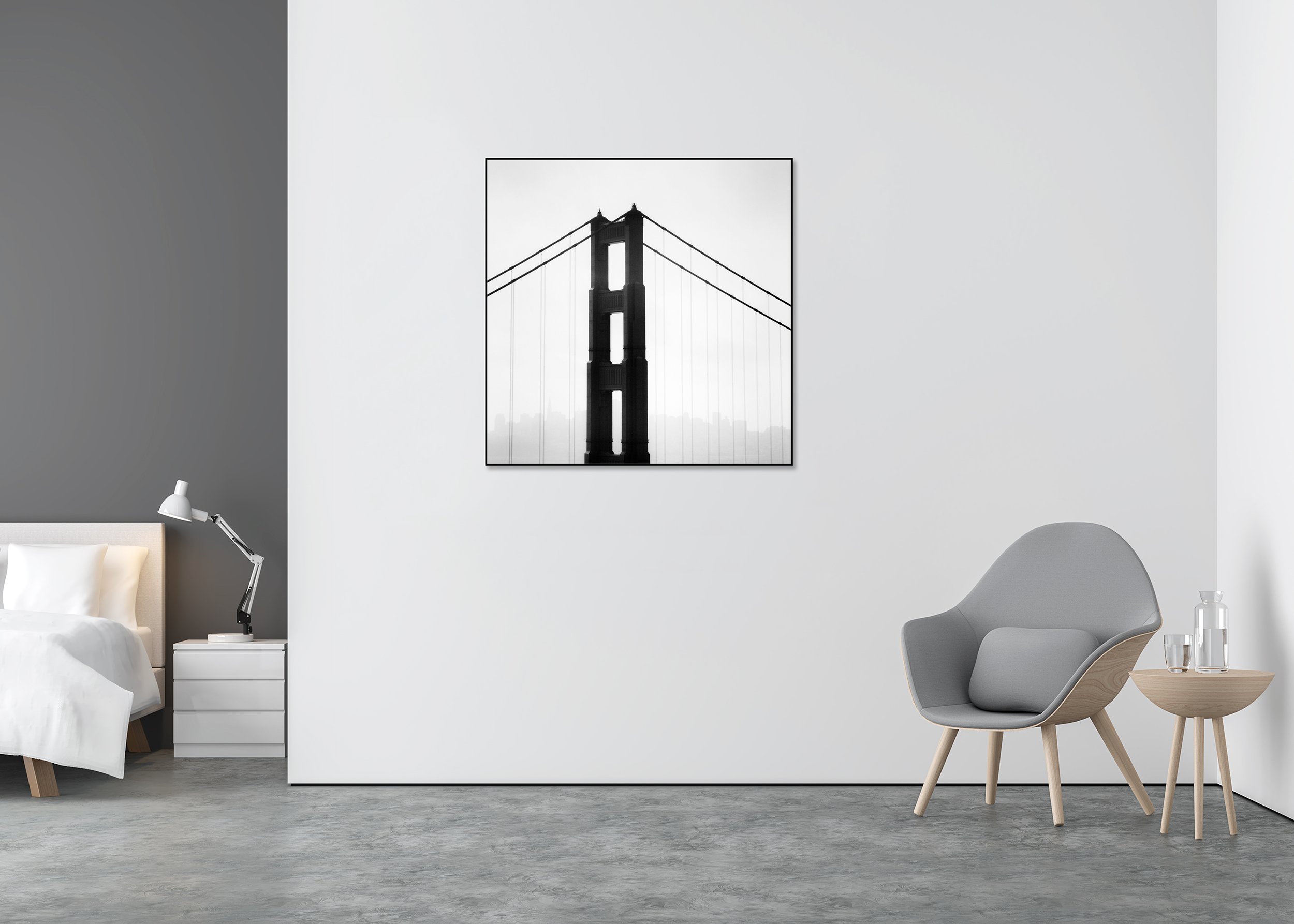 Golden Gate Study 18 displayed in a modern interior, mounted on aluminium Dibond in a black ArtBox frame by Gerald Berghammer.