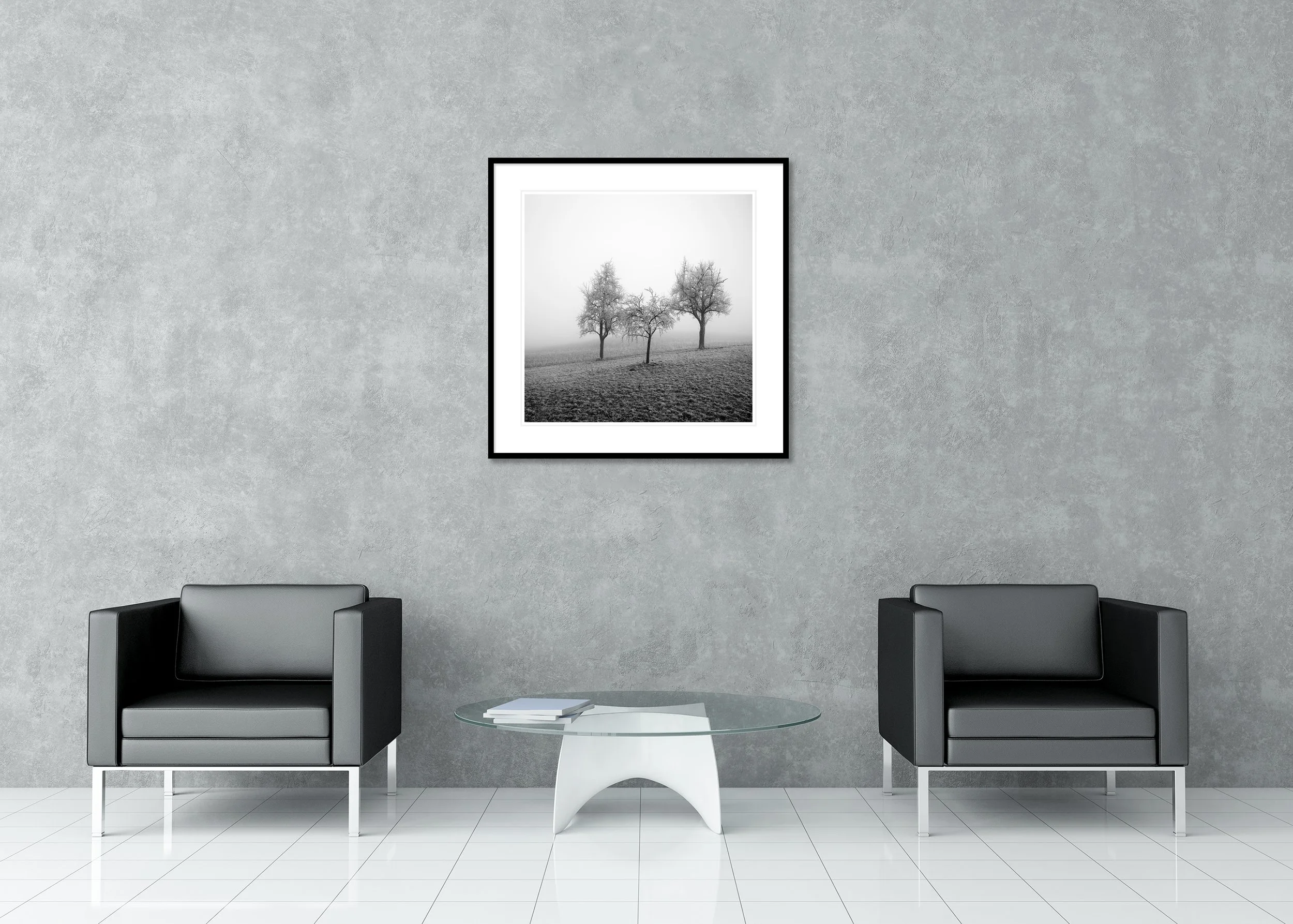 Frozen Landscape Study 2 displayed in a modern interior as an archival pigment print in a black aluminium frame with a white mount by Gerald Berghammer.