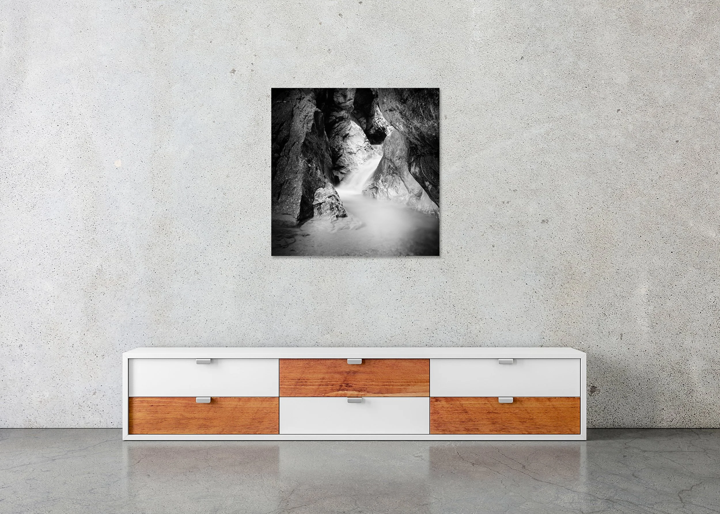 Wild Water Canyon Study 1 – Austria, black-and-white photo print mounted to Dibond, frameless