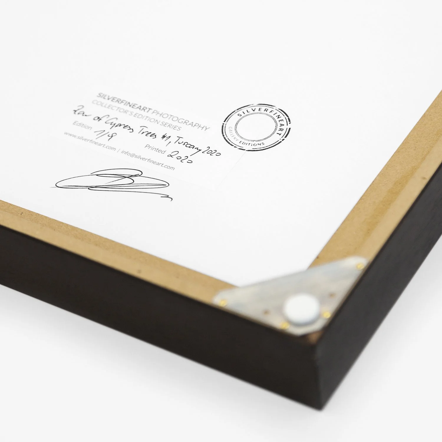 Signed and stamped collector's edition label on the reverse of Row of Cypress Trees 1 by Gerald Berghammer.