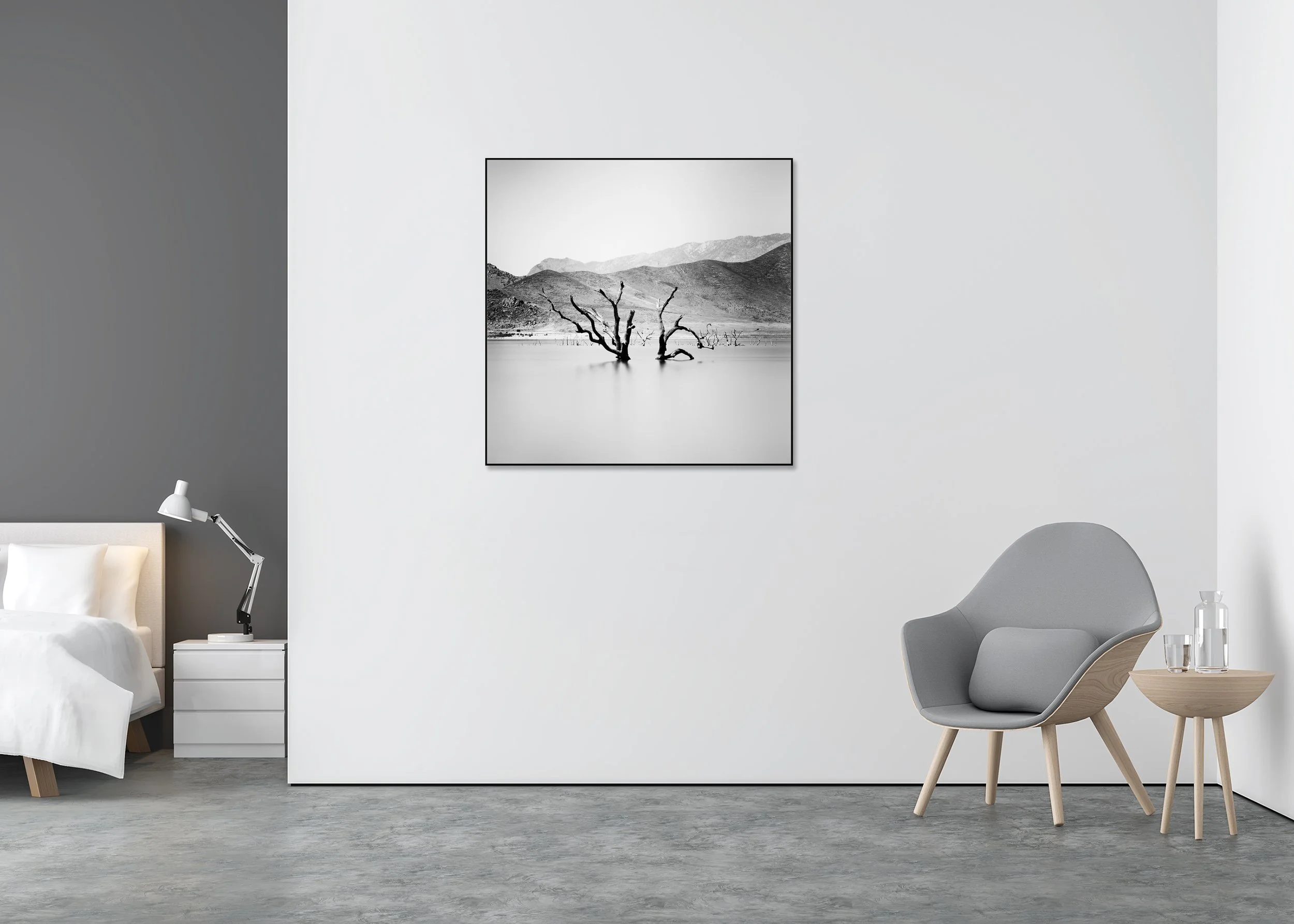 Minimalist black-and-white landscape photo of dead tree trunks in calm water with layered mountains, mounted to Dibond in an aluminium ArtBox.