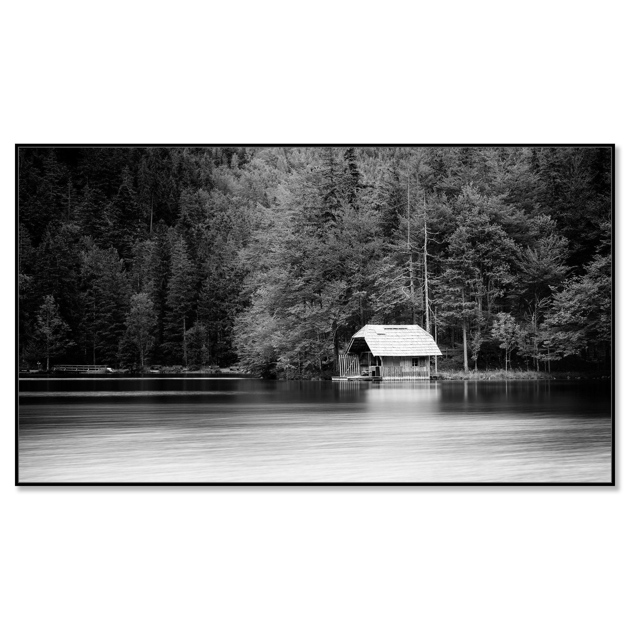Wooden Boathouse Panorama mounted on aluminium Dibond in a black ArtBox frame by Gerald Berghammer.