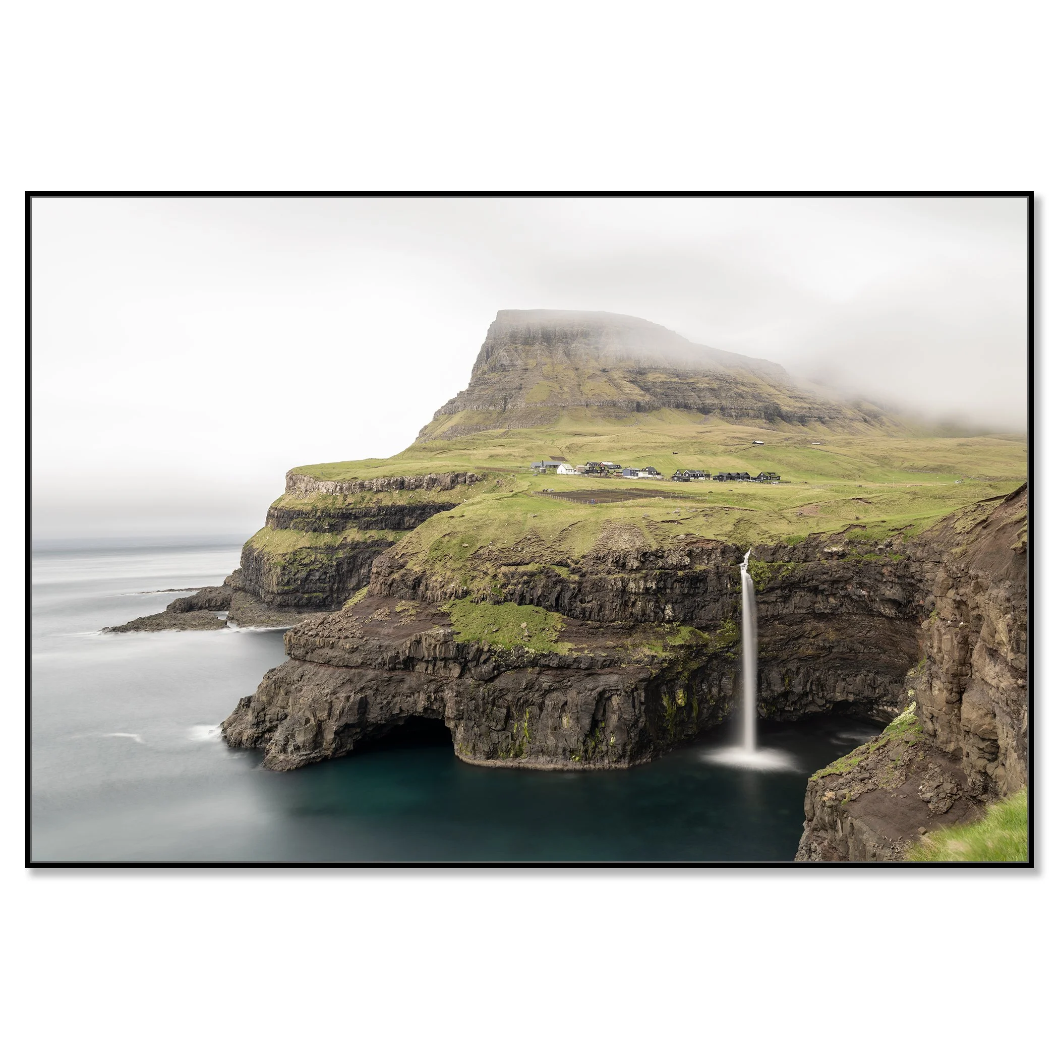 Múlafossur Waterfall Study 1 presented as a colour Dibond print in a black aluminium ArtBox frame by Gerald Berghammer.