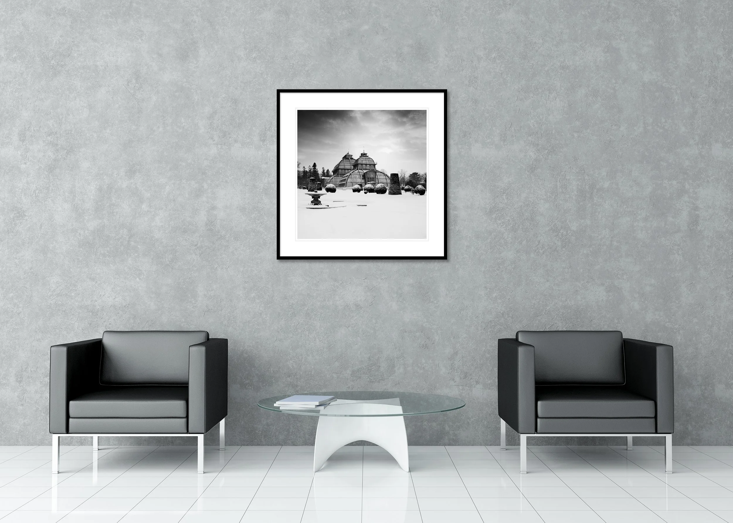 Wall view of the Palm House Schönbrunn archival pigment print in a classic frame with white mount