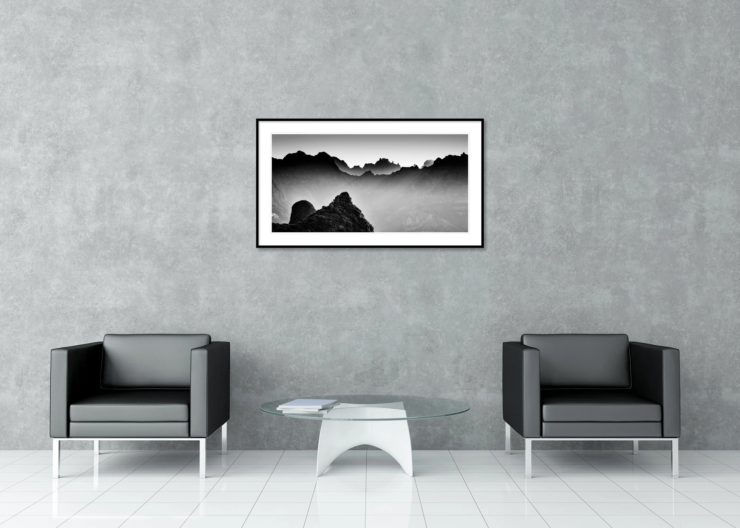 Morning Light in the Mountains Study 3 by Gerald Berghammer displayed in a black aluminium frame with a white mount.