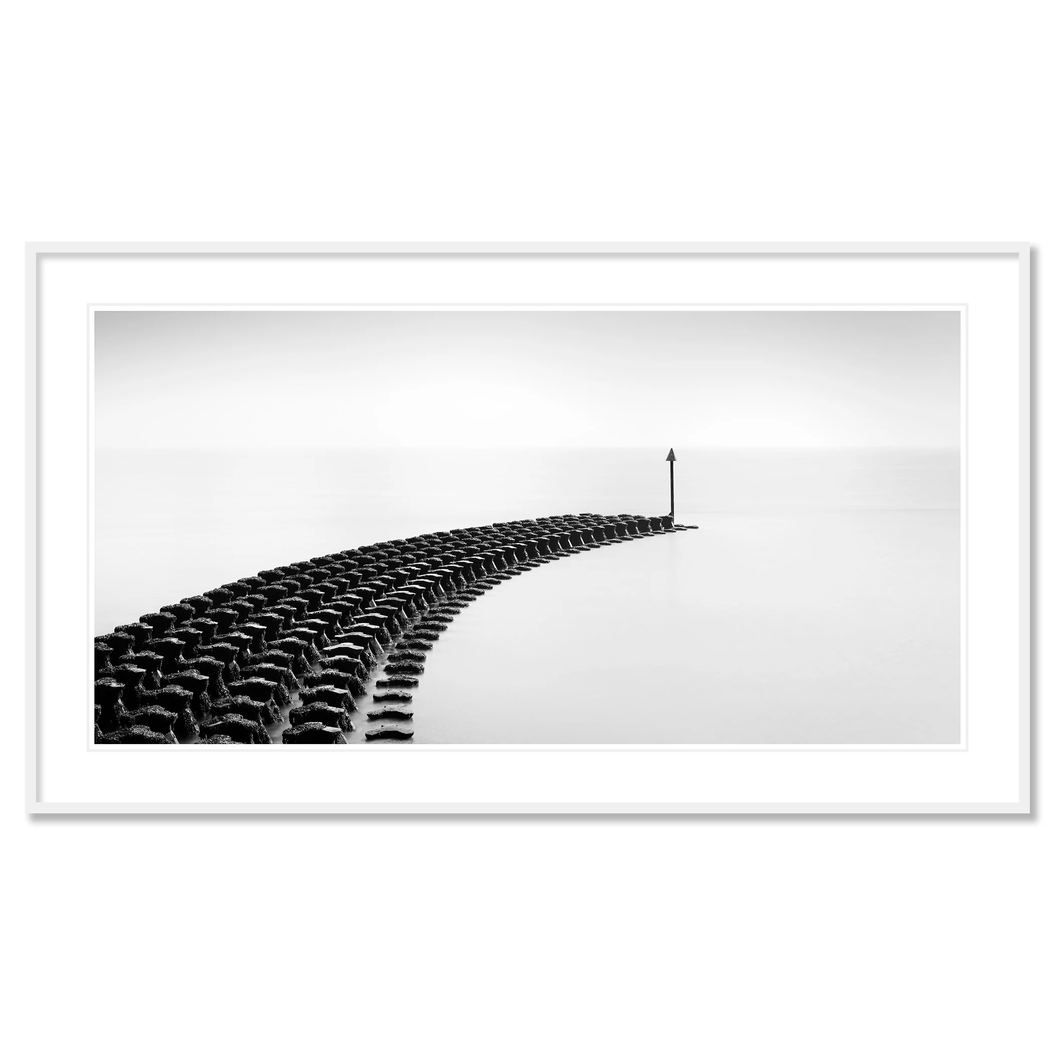 Cobbold’s Point Panorama Study 1 by Gerald Berghammer, black-and-white panoramic fine art print in a white aluminium frame with white mount.