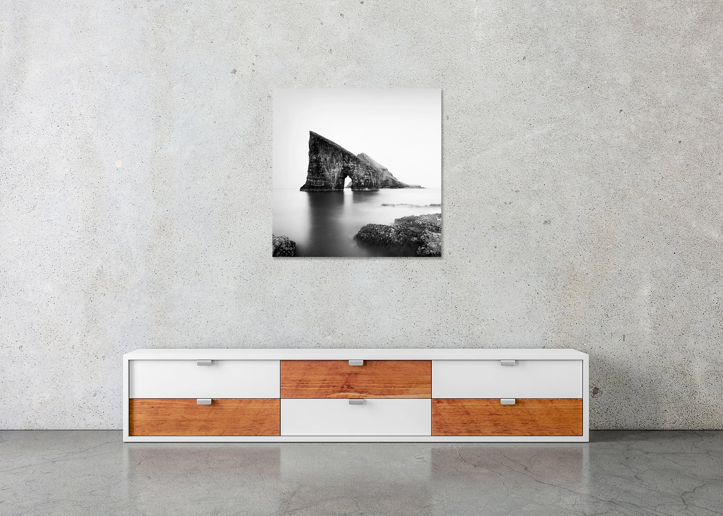 Drangarnir Sea Stacks Study 2 by Gerald Berghammer displayed in a contemporary interior as a frameless Dibond artwork.