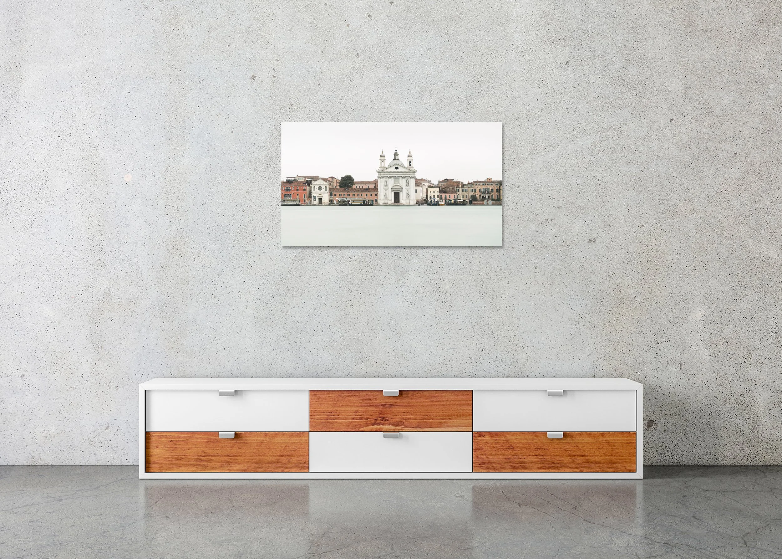 View of Venice Panorama Study 1 displayed in a modern interior as a frameless colour artwork mounted on aluminium Dibond.
