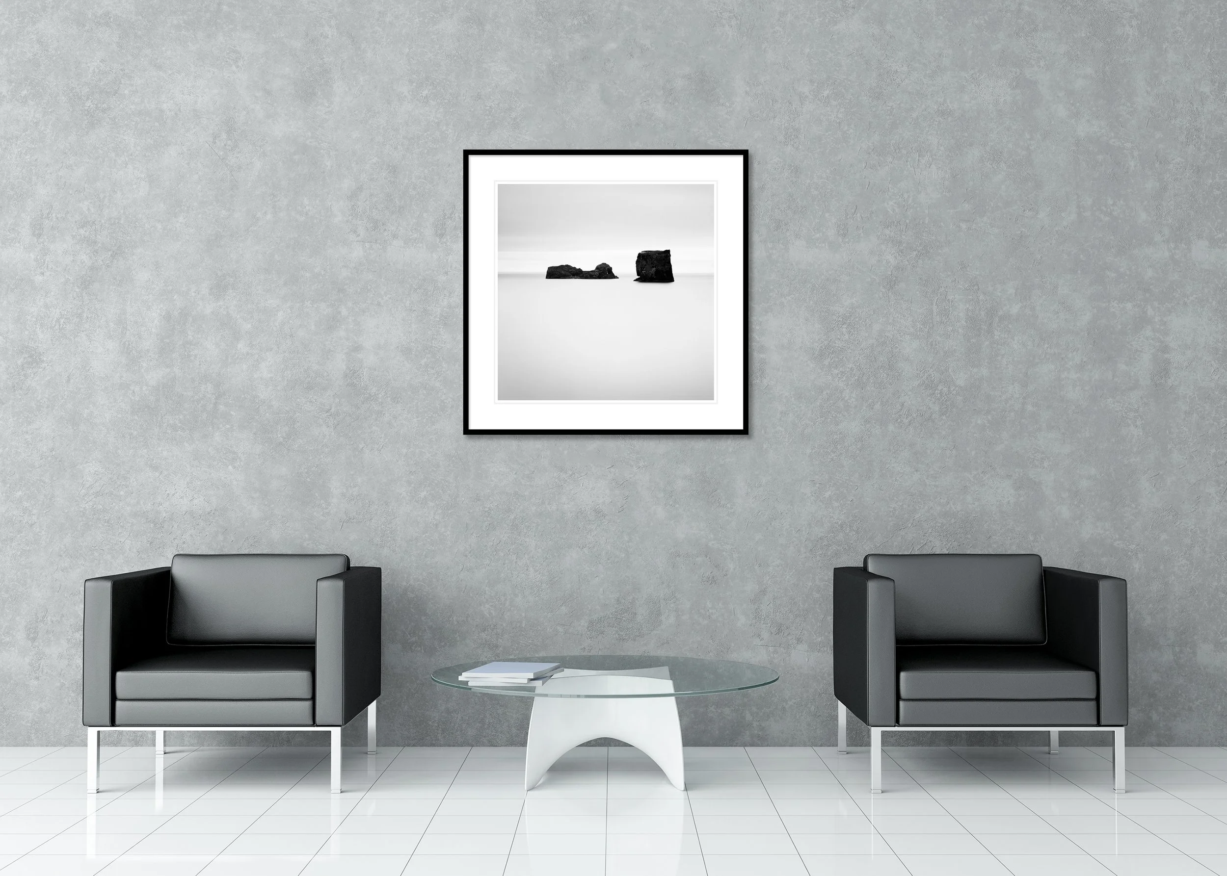 Black Rocks Study 1 – Iceland, archival pigment print in an aluminium frame with a white mount displayed in a modern interior. Photo by Gerald Berghammer.