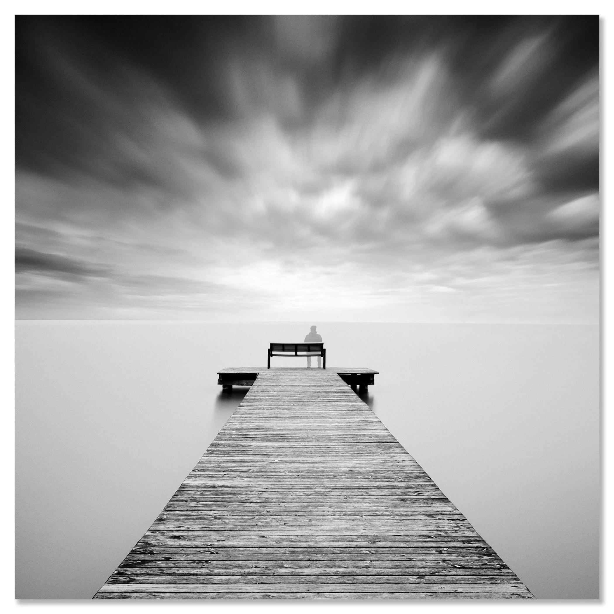 Self-Portrait Study 2 presented frameless on aluminium Dibond, showing a solitary figure on a pier at Lake Neusiedl, Austria.
