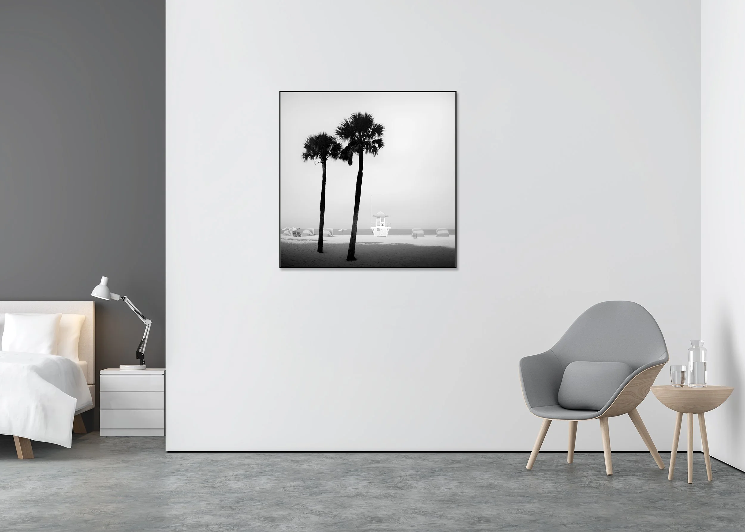 Lifeguard Tower Study 2 displayed in a modern interior as a black-and-white Dibond print in a black aluminium ArtBox by Gerald Berghammer.