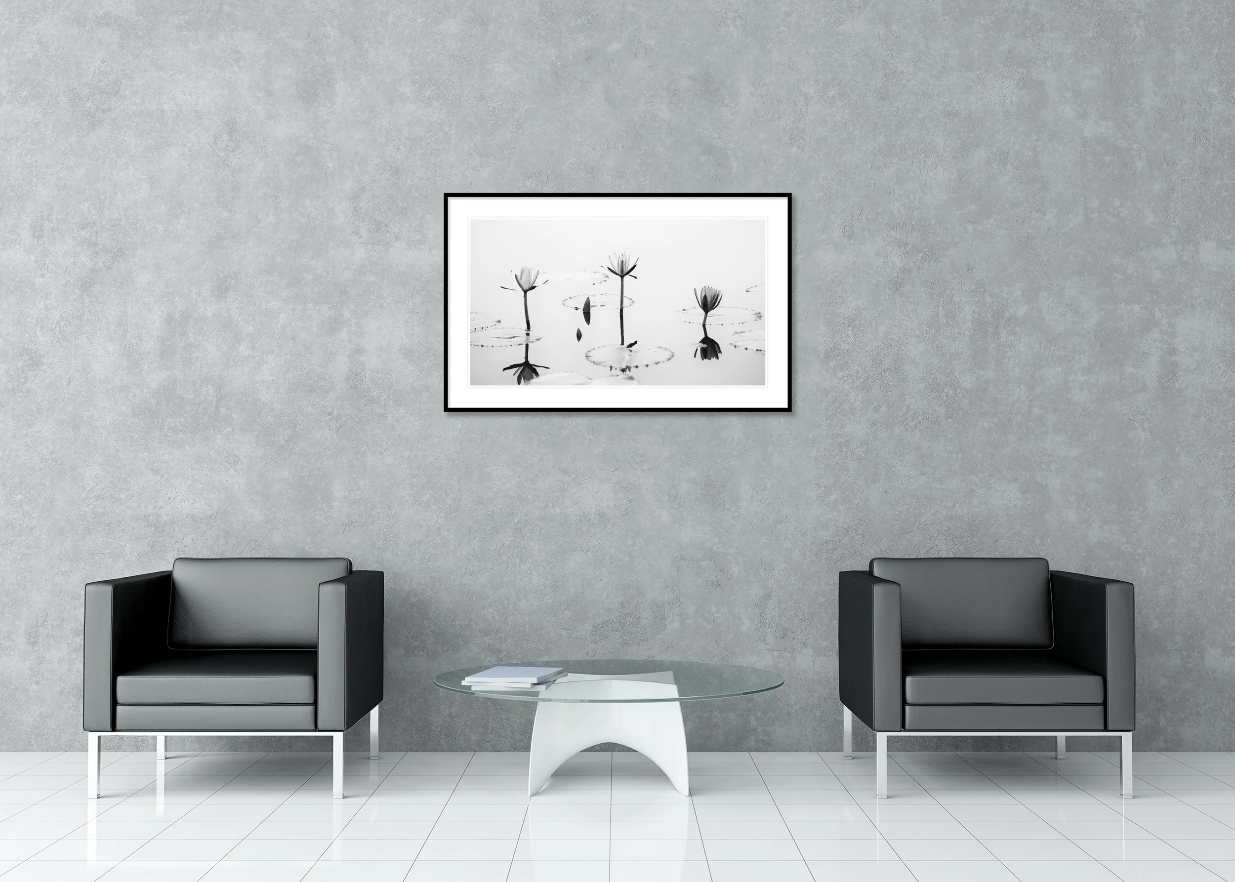 Lotus Flower, Panorama Study 2 – Vietnam, black-and-white archival pigment print in an aluminium frame with a white mount displayed in a modern interior.