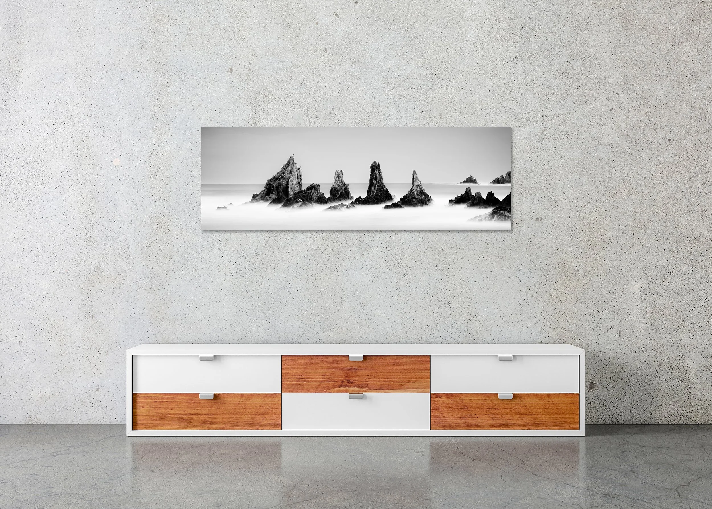 Rocky Peaks, Panorama Study 3 – frameless black-and-white photograph on aluminium Dibond displayed above a low cabinet.