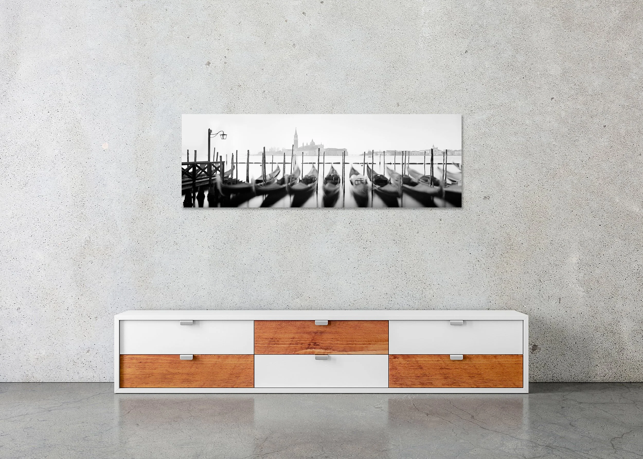 Twelve Gondolas displayed frameless on a wall, mounted on aluminium Dibond. Photograph by Gerald Berghammer.