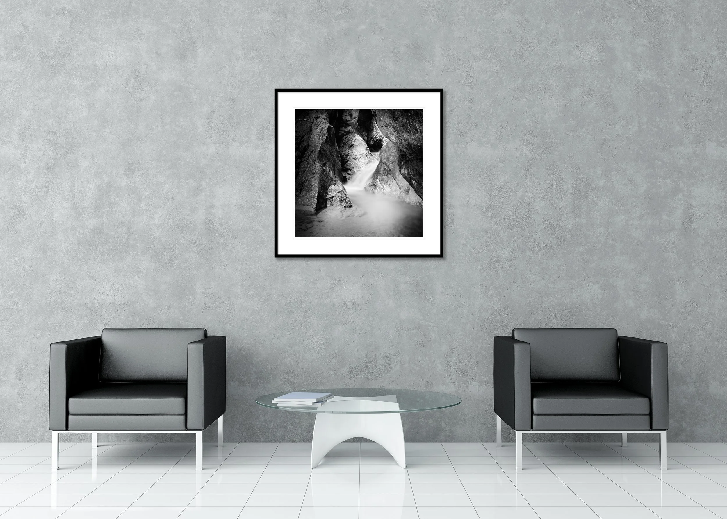 Wild Water Canyon Study 1 – Austria, black-and-white archival pigment print in a classic frame with a mount and anti-reflective glass