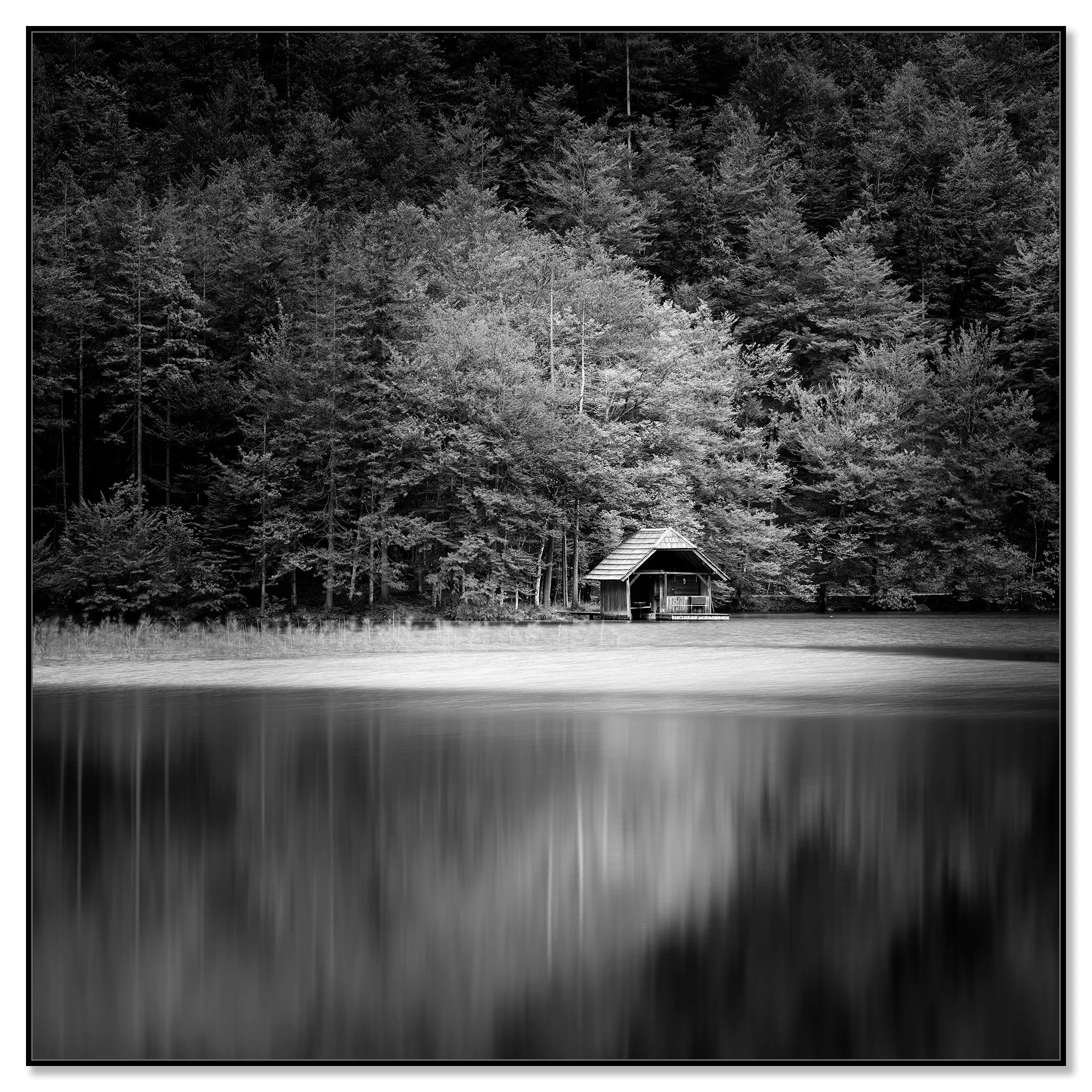 Wooden Boathouse, Study 2 – black-and-white photograph in a black aluminium ArtBox frame.
