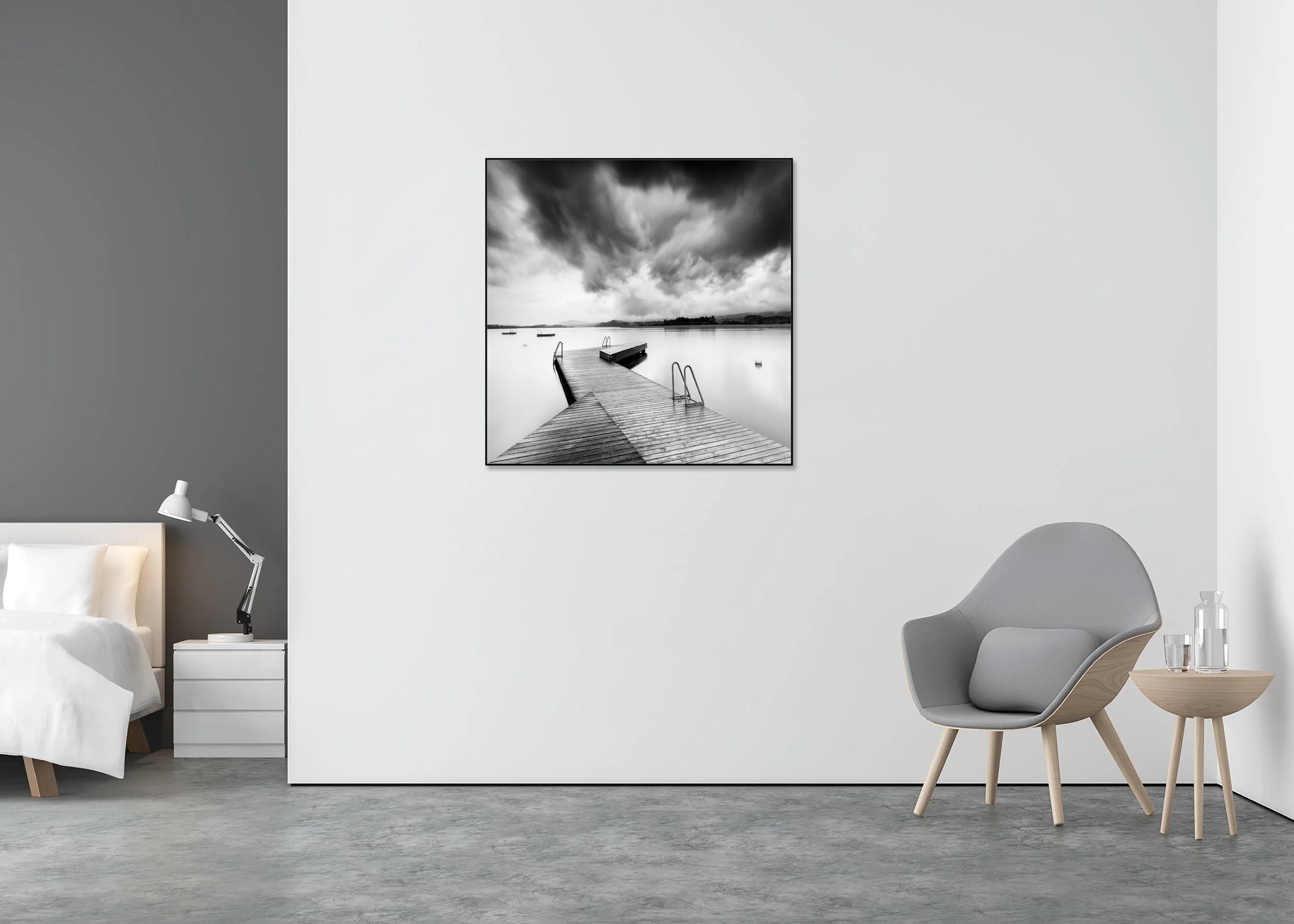 Wooden Pier in a Storm black-and-white print mounted to Dibond in a black aluminium ArtBox