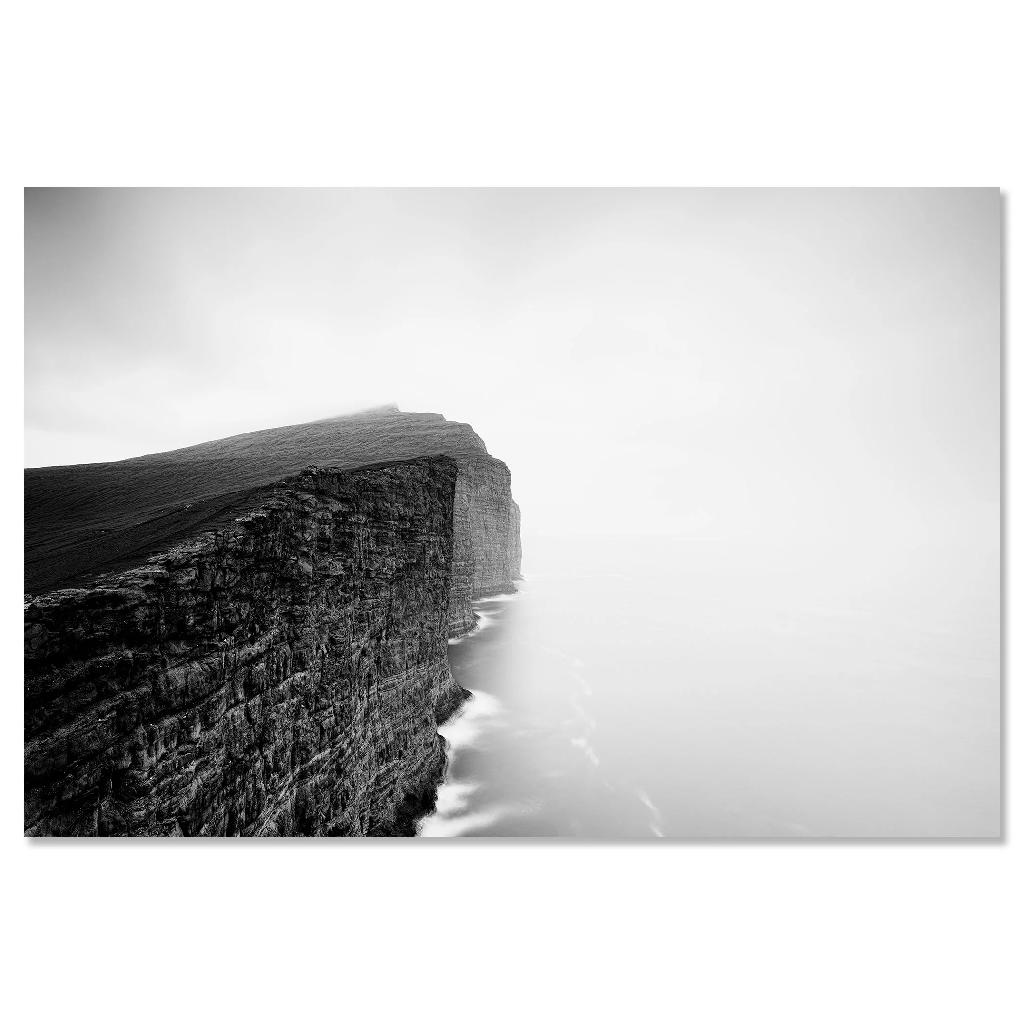 Foggy Slave Cliff Study 2, Faroe Islands, black-and-white photo print on Dibond with frameless finish