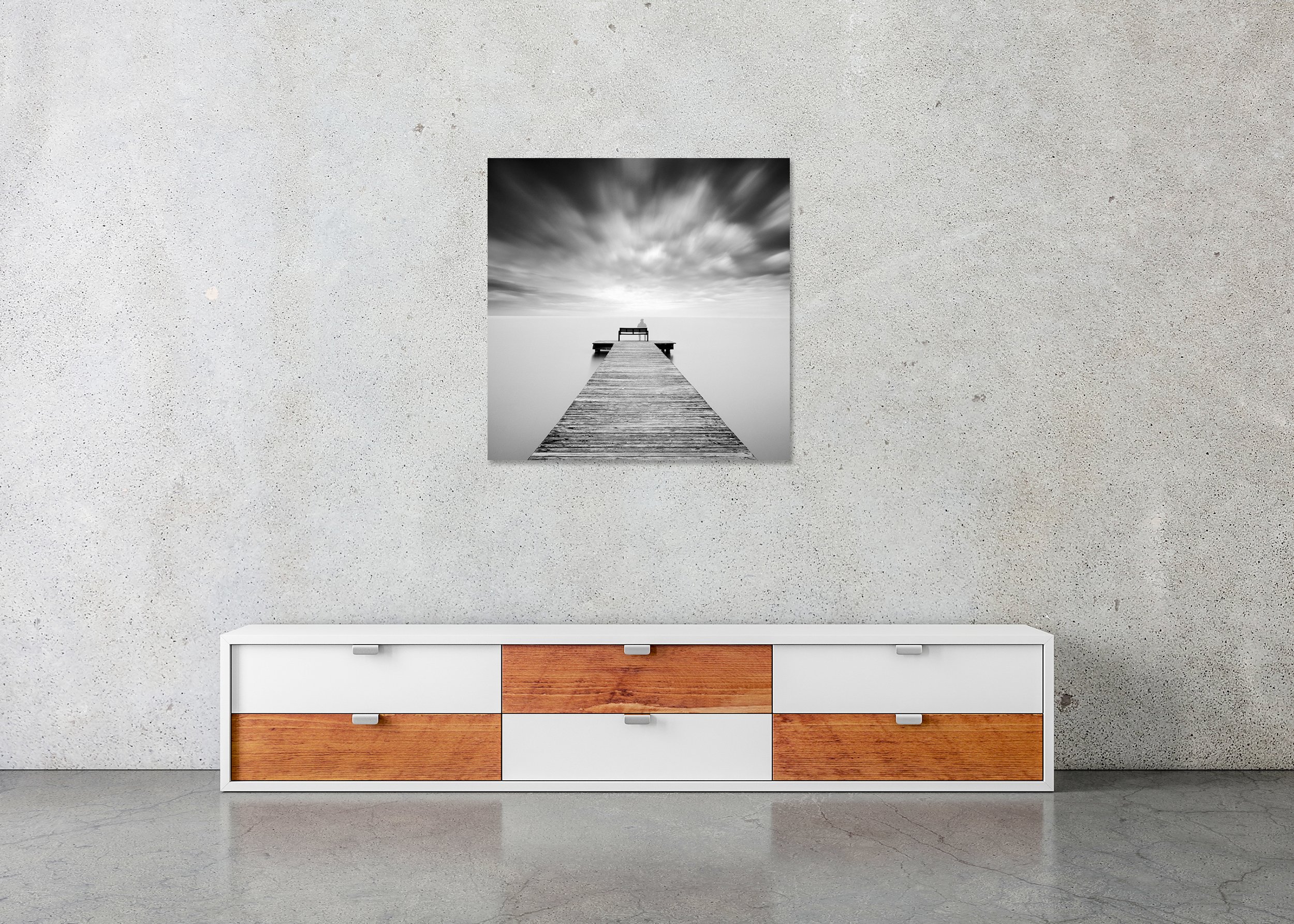 Self-Portrait Study 2 displayed in a modern interior as a frameless black-and-white artwork mounted on aluminium Dibond. Photo by Gerald Berghammer.