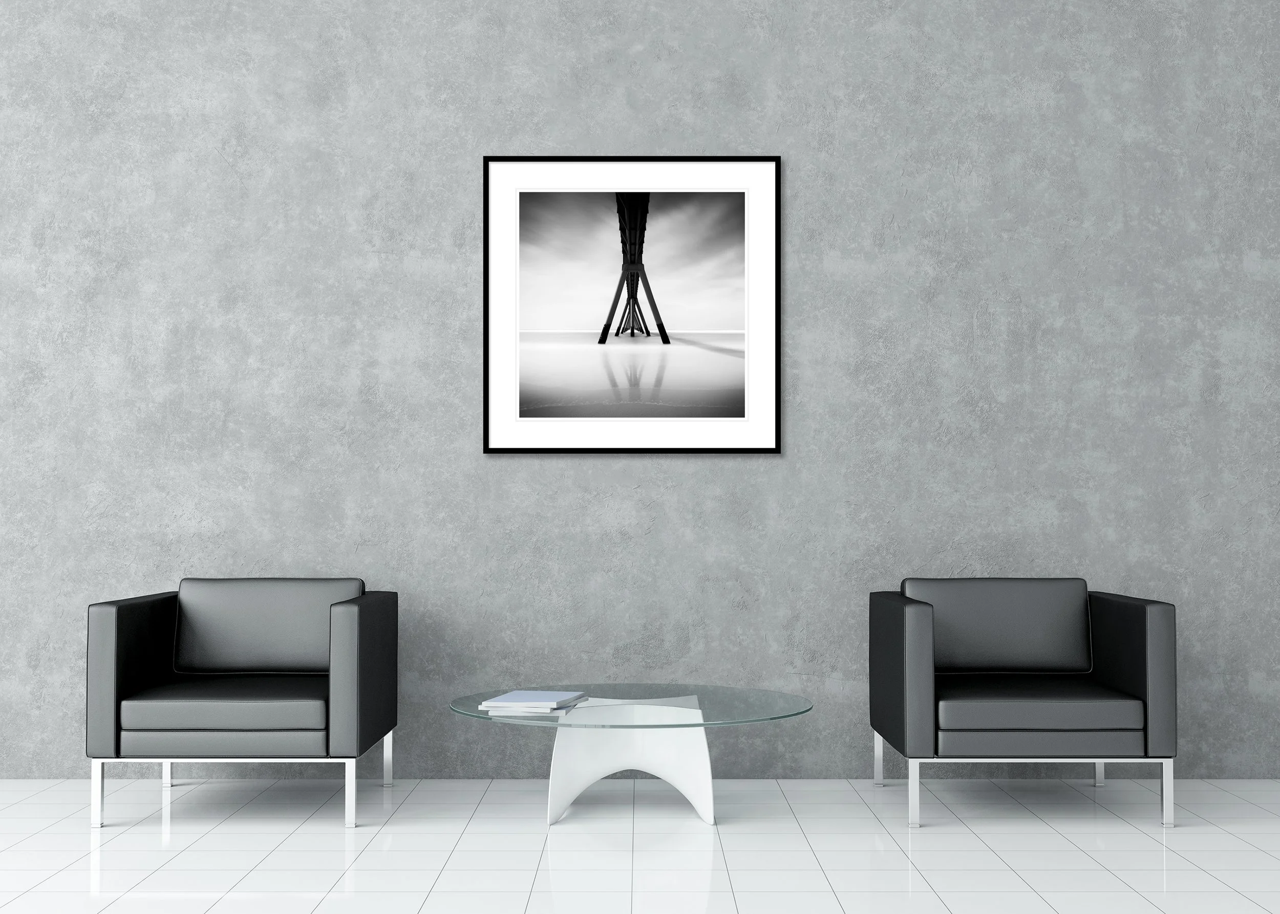 Wharf de la Salie pier and beach in France, black-and-white fine art photograph of a minimalist coastal landscape, archival pigment print in a classic frame with a mount