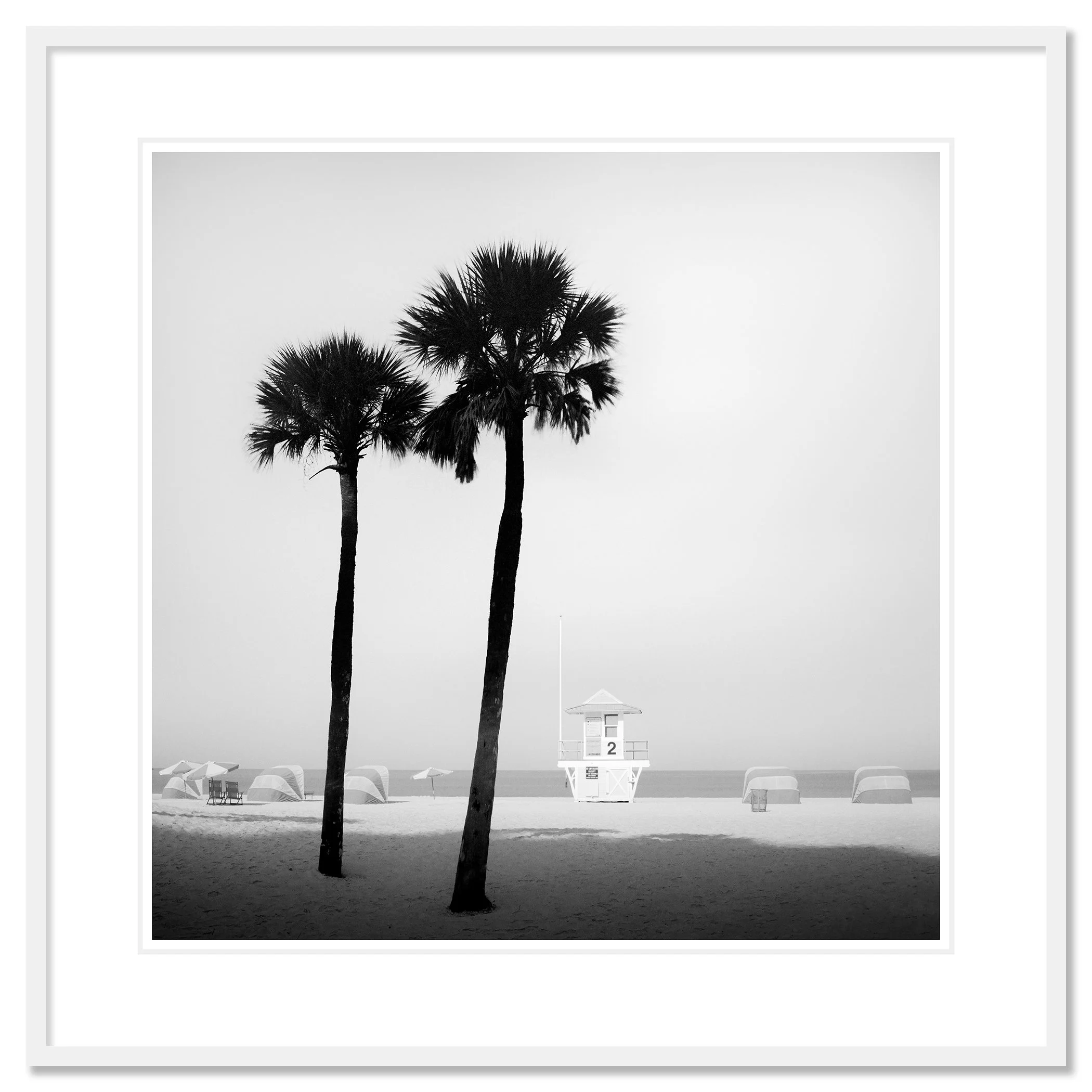 Lifeguard Tower Study 2 shown as an archival pigment print in a white aluminium frame with white mount by Gerald Berghammer.