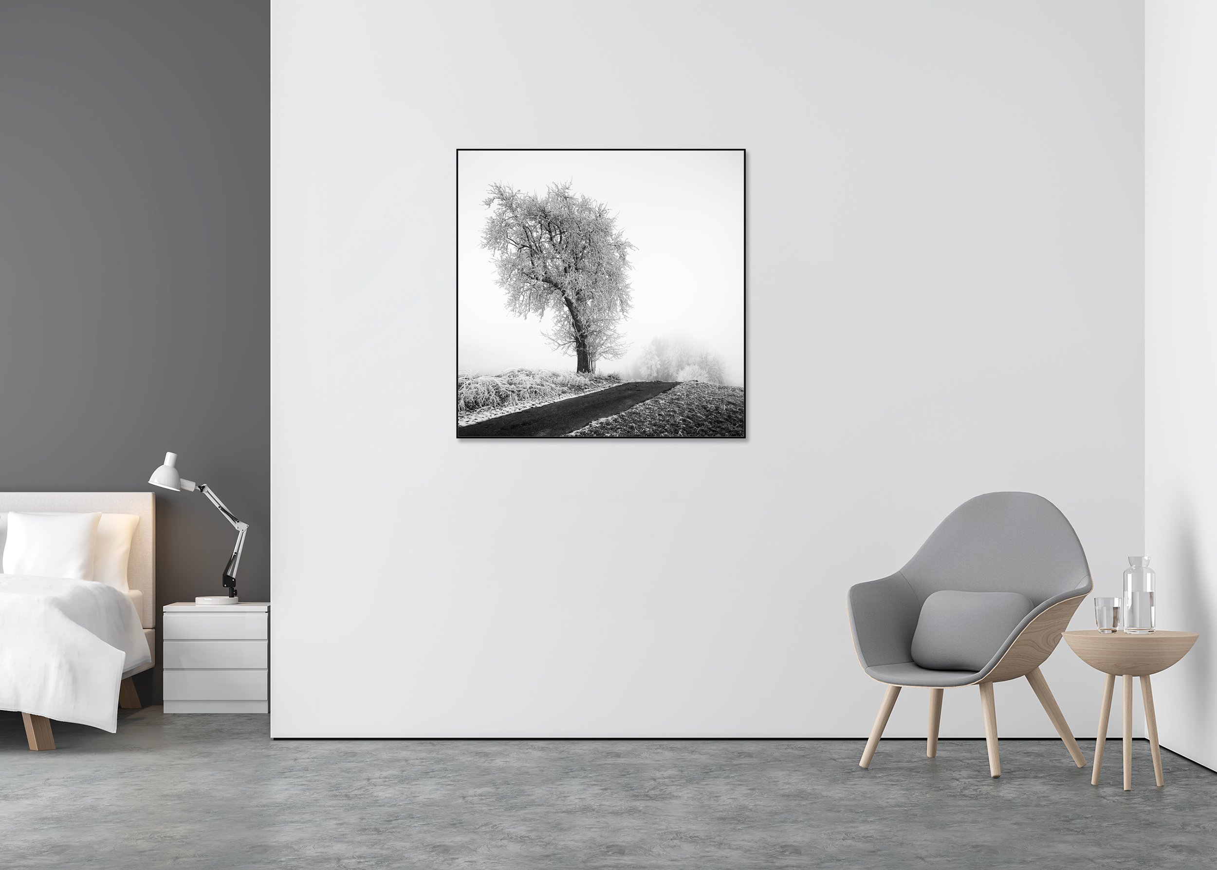 Minimalist black-and-white winter landscape with a frost-covered tree beside a quiet rural road in soft fog, photo print mounted to Dibond in an aluminium ArtBox.