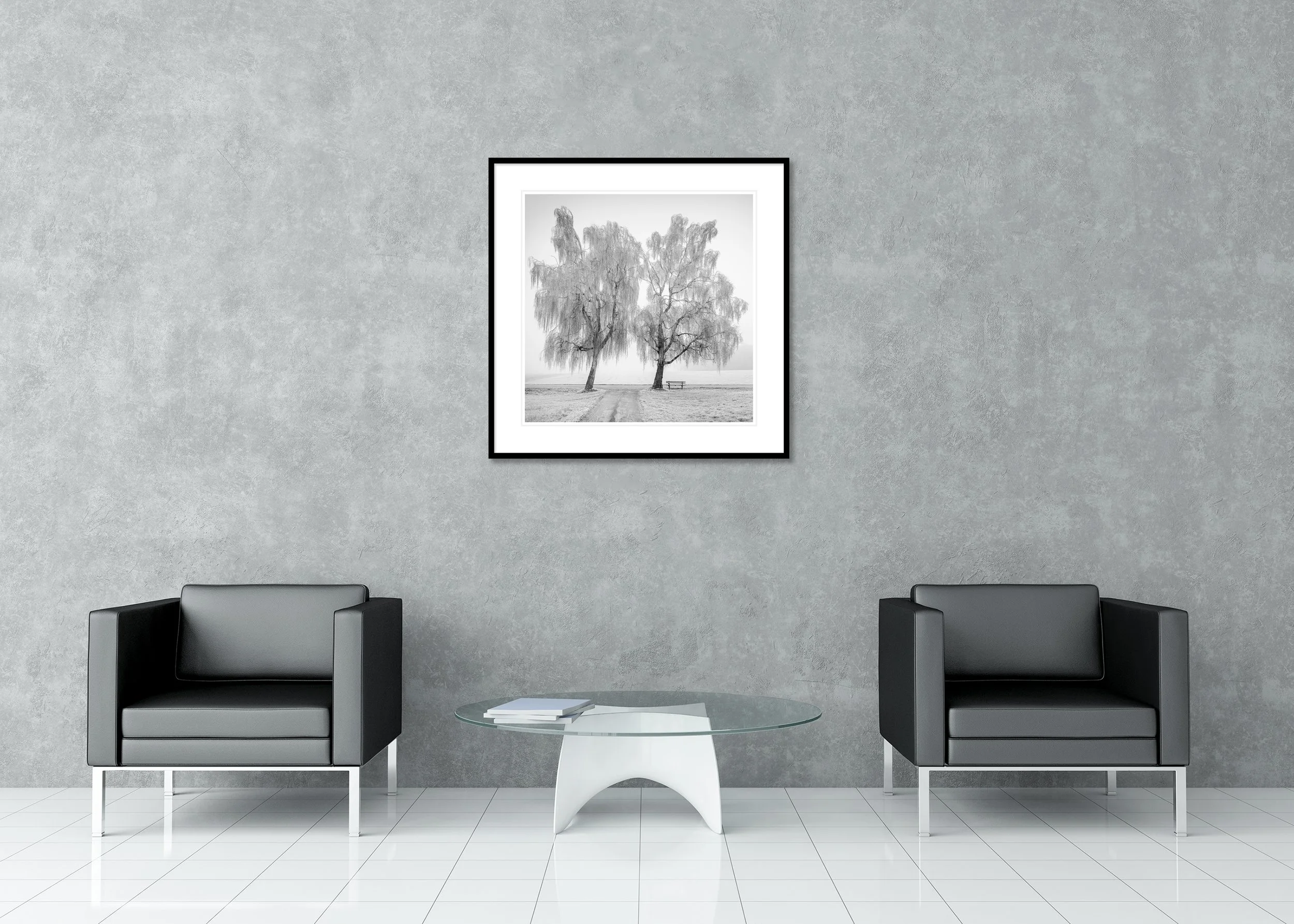 Place to Linger, Winter Study 1 displayed in a modern lounge as an archival pigment print in a black aluminium frame with a white mount by Gerald Berghammer.