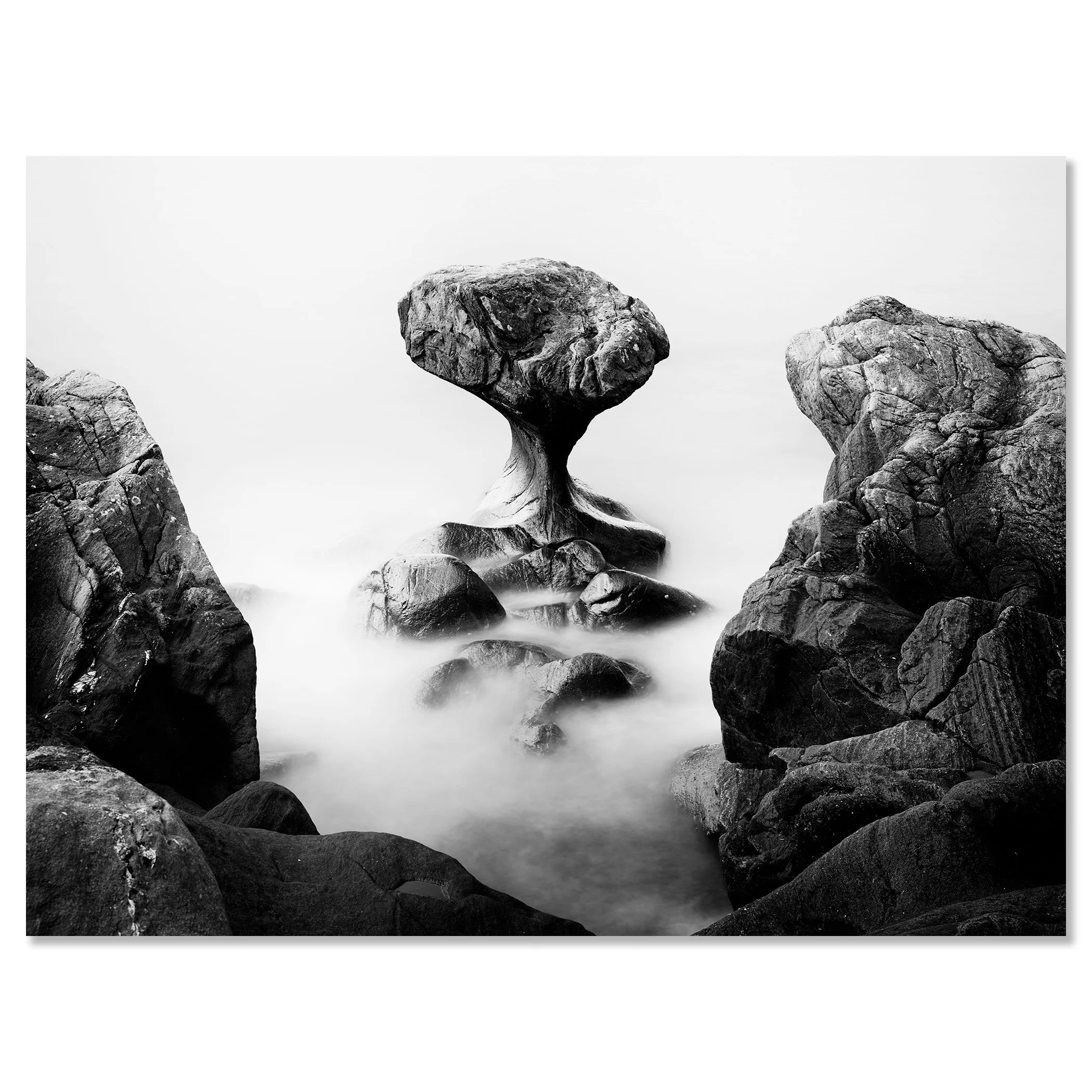 Mushroom-shaped rock formation in water, with a large stone balanced on a smaller rock – dibond frameless