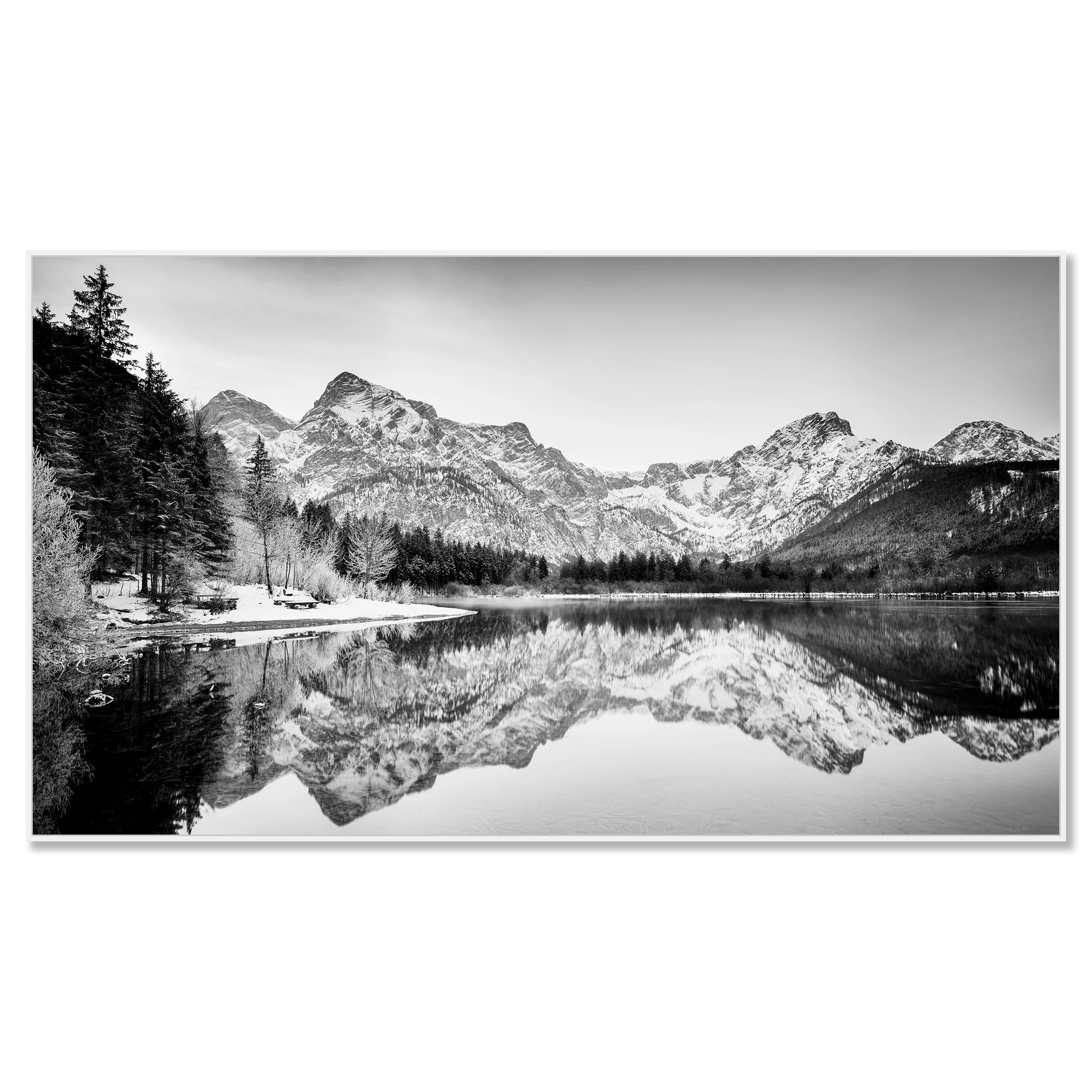White Mountains, Almsee, Austria, black-and-white fine art photograph on aluminium Dibond in a white aluminium ArtBox frame by Gerald Berghammer.