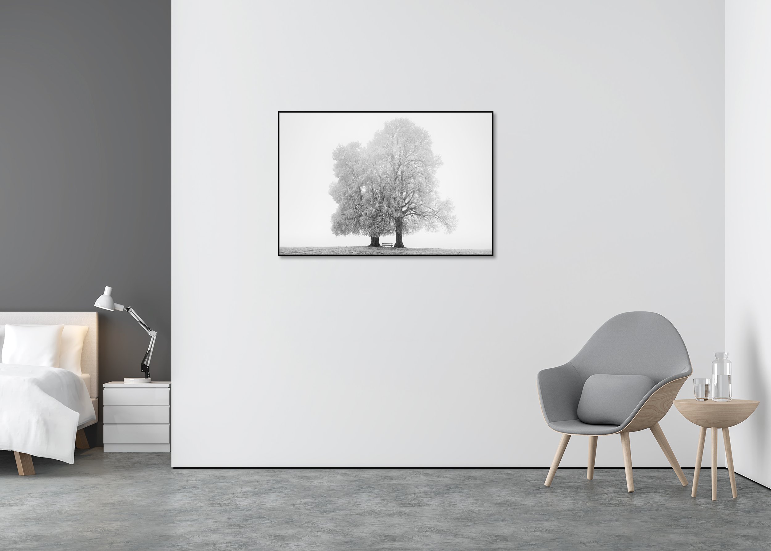 Place to Linger Winter Study 2 displayed in a modern interior, mounted on aluminium Dibond in a black ArtBox frame by Gerald Berghammer.