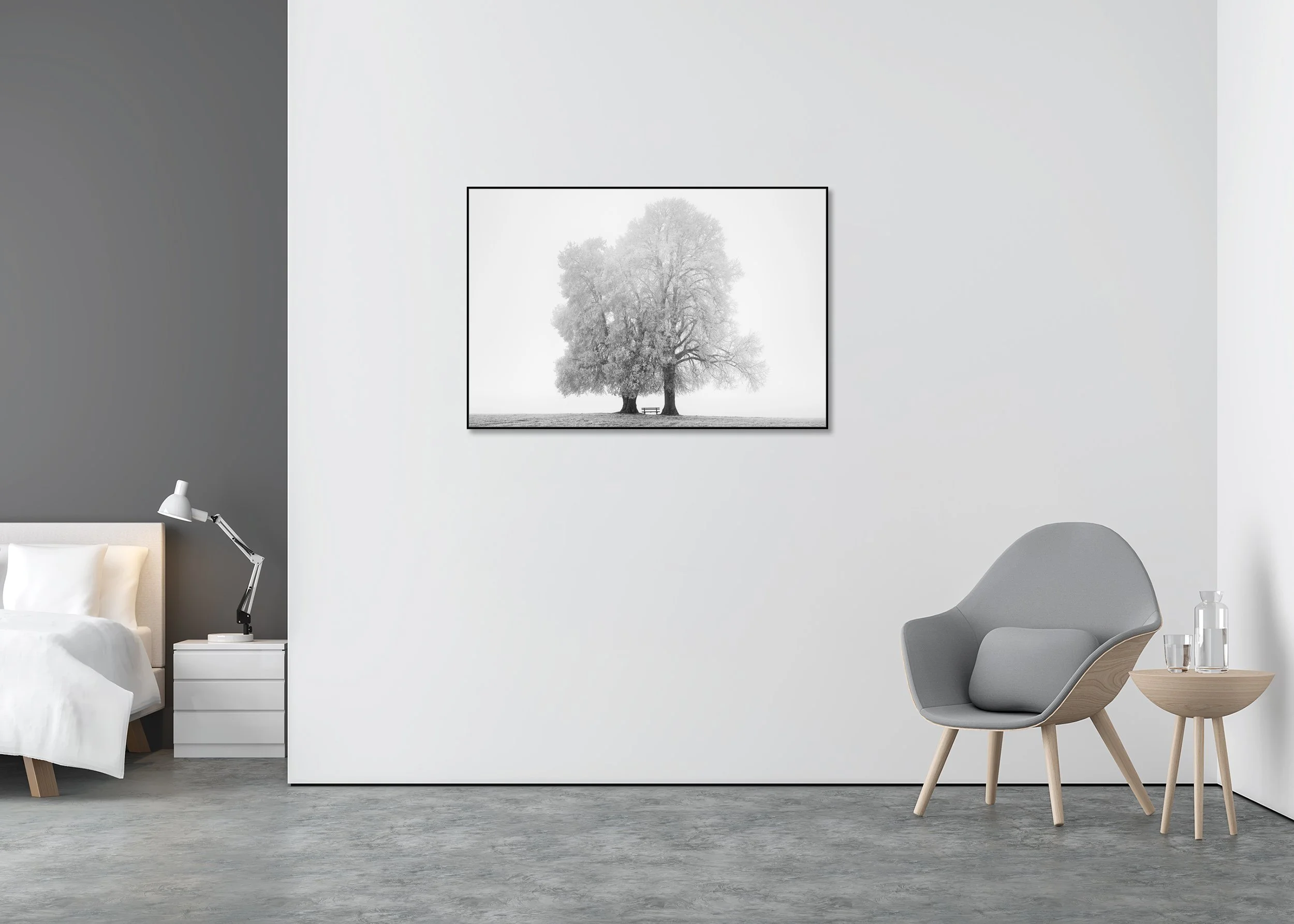 Place to Linger Winter Study 2 displayed as a black-and-white fine art print mounted to Dibond in an aluminium ArtBox.