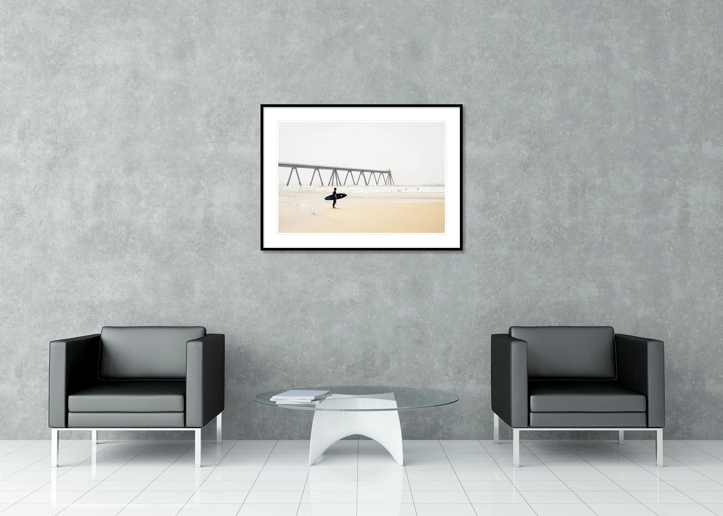 Wave Watcher Study 2 displayed in a modern interior as an archival pigment print in an aluminium frame with white mount by Gerald Berghammer.