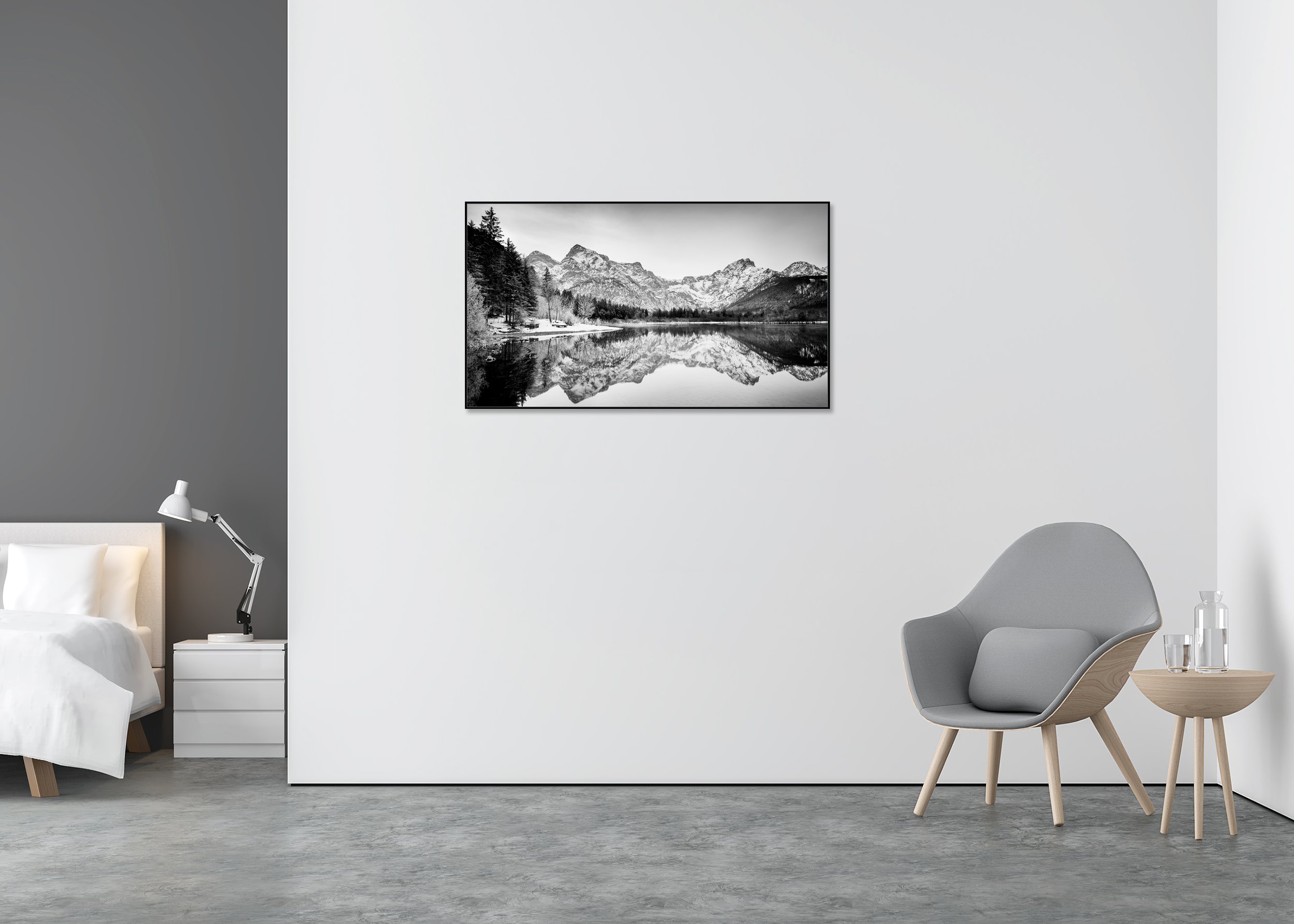 White Mountains, Almsee, Austria, displayed in a modern interior as a black-and-white Dibond print in a black aluminium ArtBox frame by Gerald Berghammer.