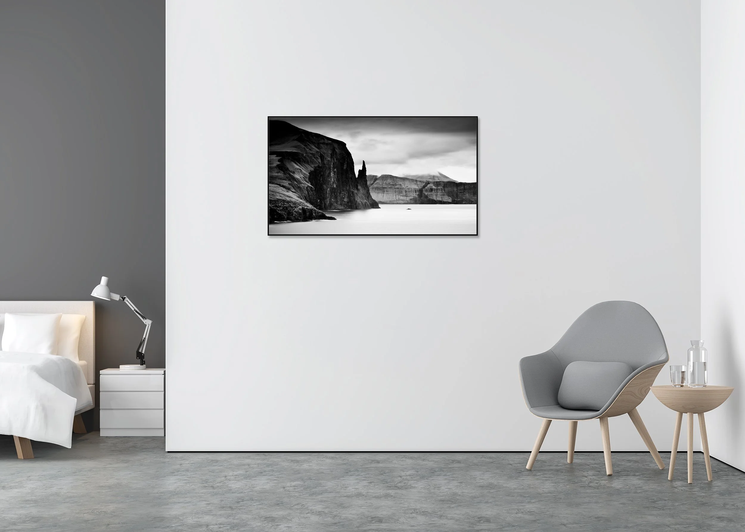 Trøllkonufingur Monolith Panorama – Faroe Islands, black-and-white fine art photo print mounted to Dibond in an aluminium ArtBox