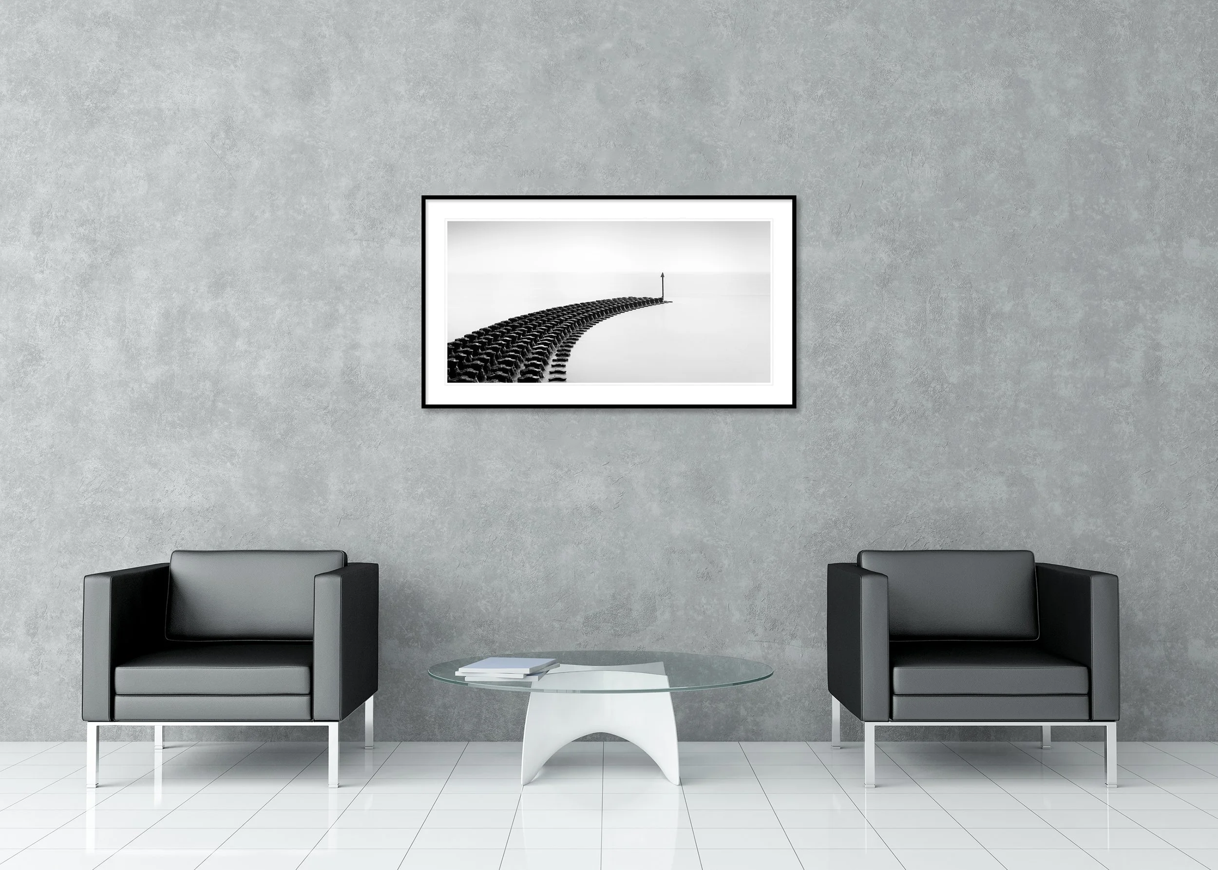 Cobbold’s Point Panorama Study 1 by Gerald Berghammer, black-and-white fine art print in an aluminium frame with white mount displayed in a contemporary interior.